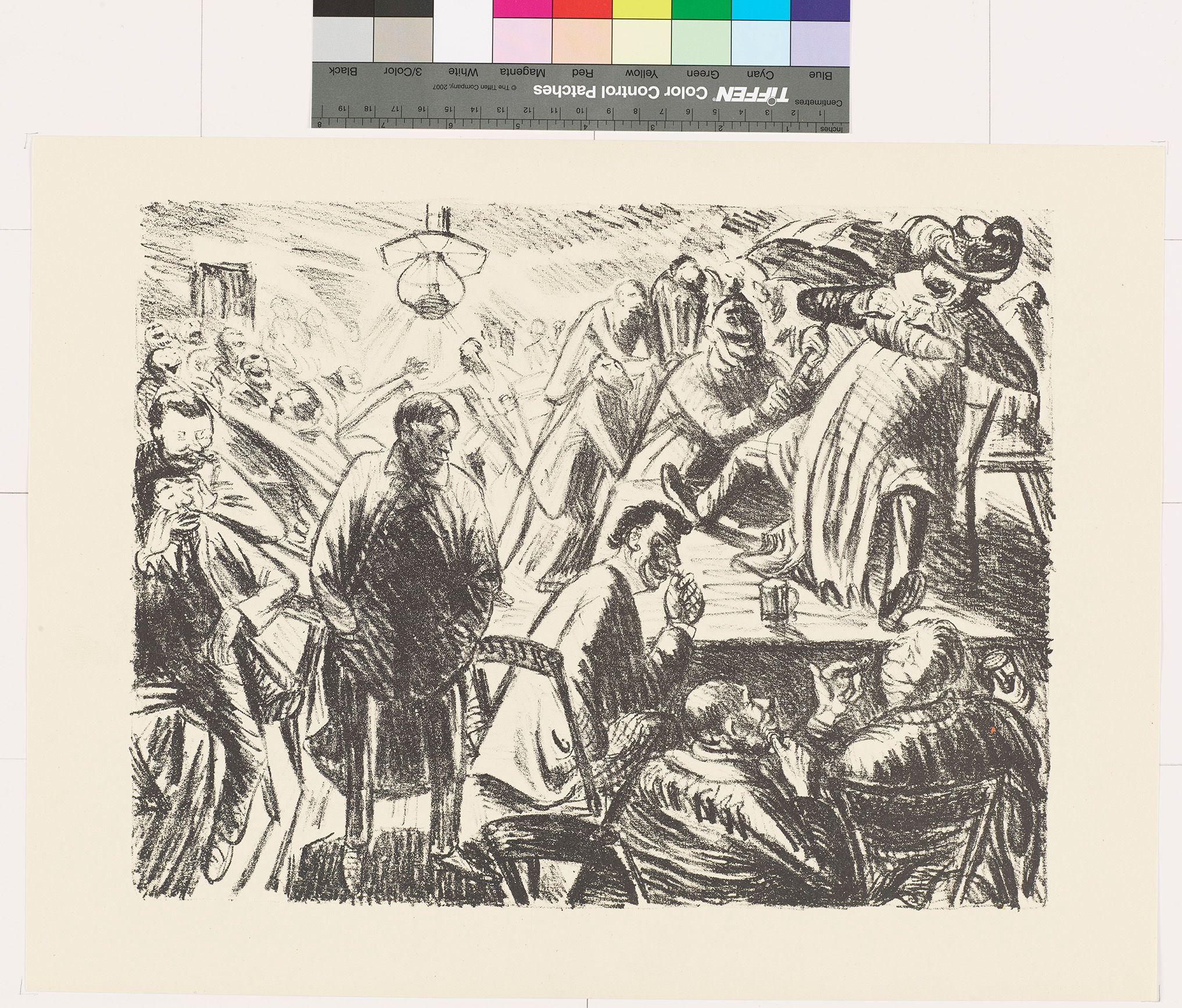 Skizze von Männern in einer Kneipe. 