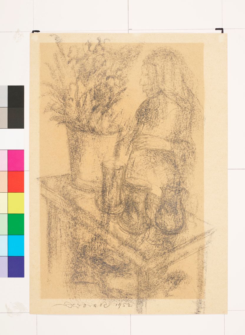 Skizze. Frau am Tresen mit Pflanzen und Blumentöpfen.  