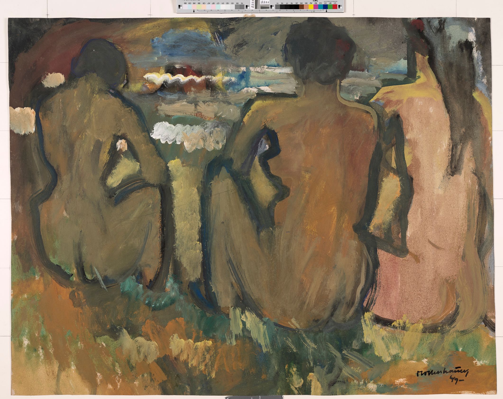 Drei weibliche Rückenakte an einem Strand mit expressionistischer Farbgebung.