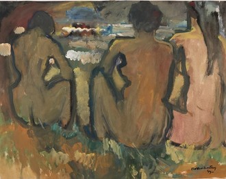 Drei weibliche Rückenakte an einem Strand mit expressionistischer Farbgebung.