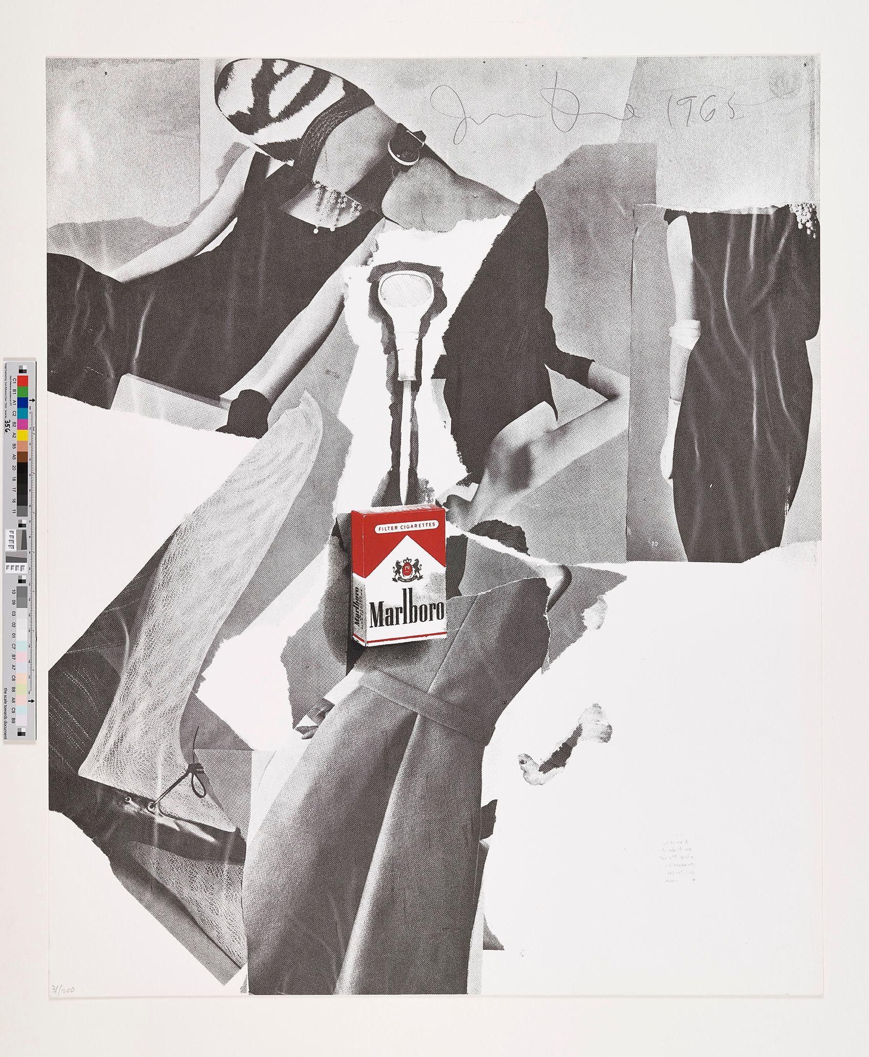 Pop-Art. Collage aus zerrissenen Modefotografien (schwarz-weiß) und einer Marlboro Schachtel in der Mitte (farbig).