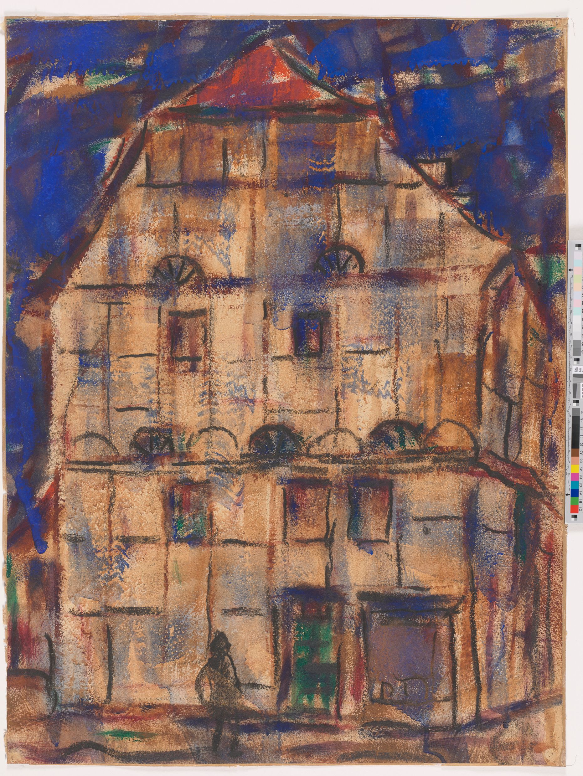 Abgebildet ist ein formatfüllendes, weißes Fachwerkhaus. Vor dem Haus läuft eine Person. Das Haus ist am späten Abend dargestellt, da der Himmel dunkel blau ist.