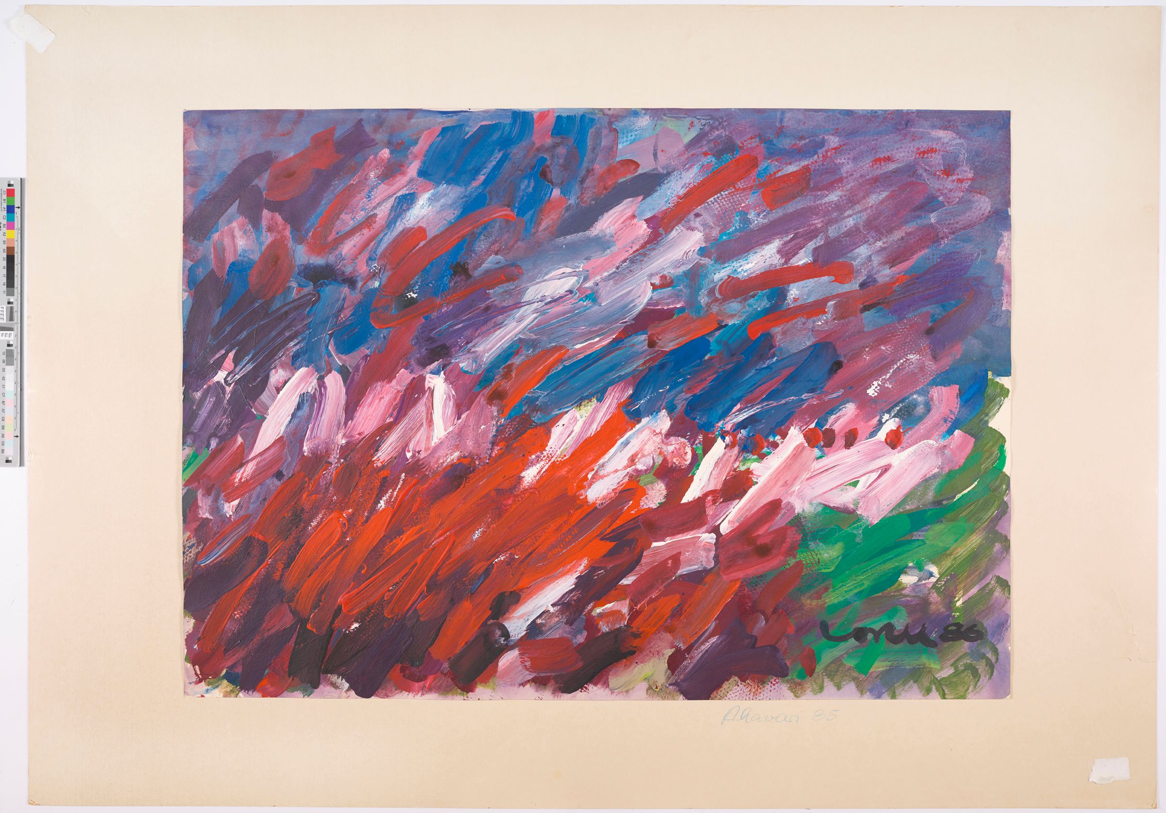 Eine Komposition aus diagonal nach rechts und hintereinander gestaffelten Linien in orange, weiß, blau und grün.