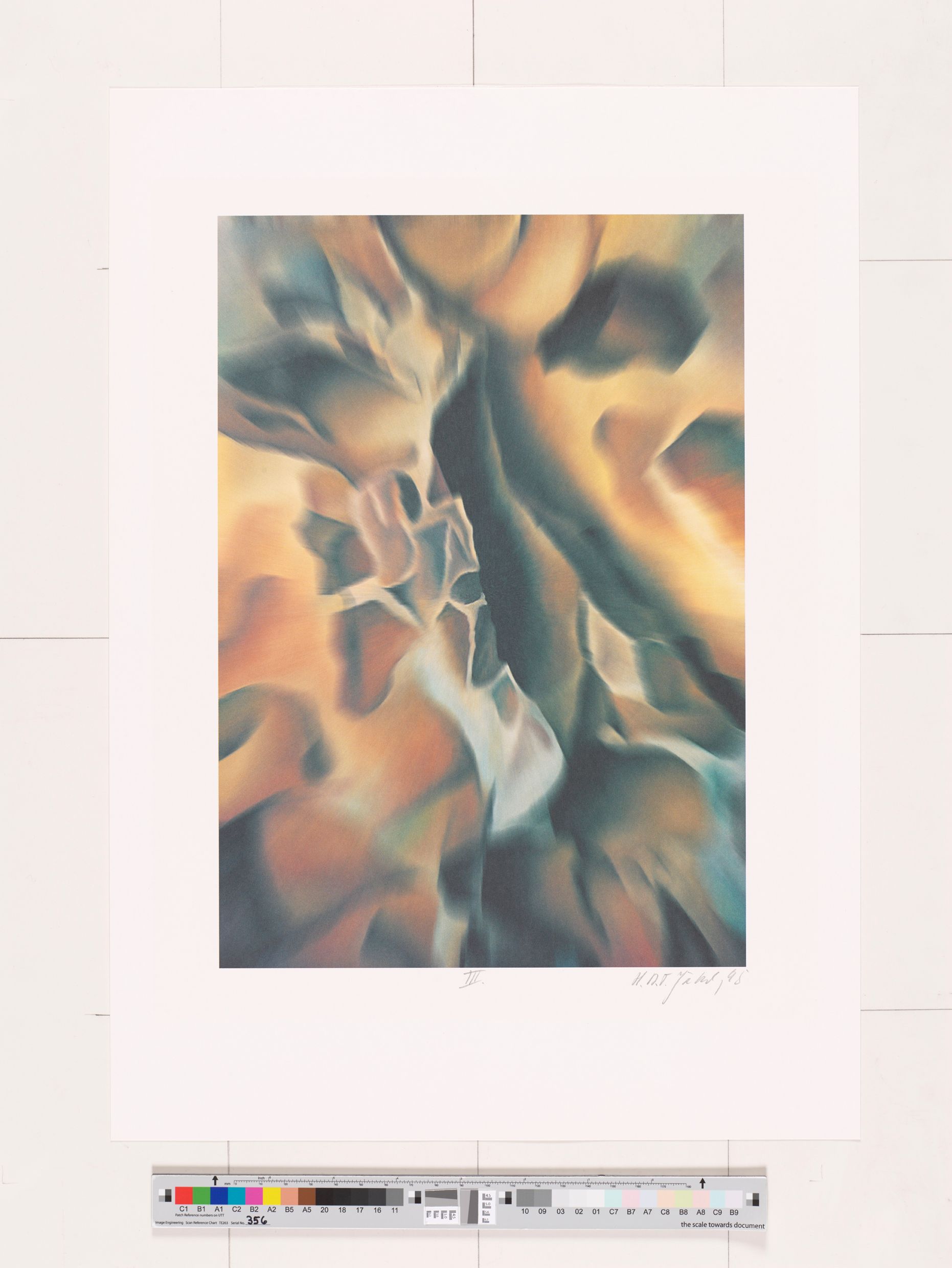 Abstraktes Bildmotiv. Eckige und verschachtelte Formen mit warmer Schattierung. Optic-Art: das Bild ist leicht verzerrt. (Farben: Braun, orange, gelb, schwarz, grau, violett, blau).