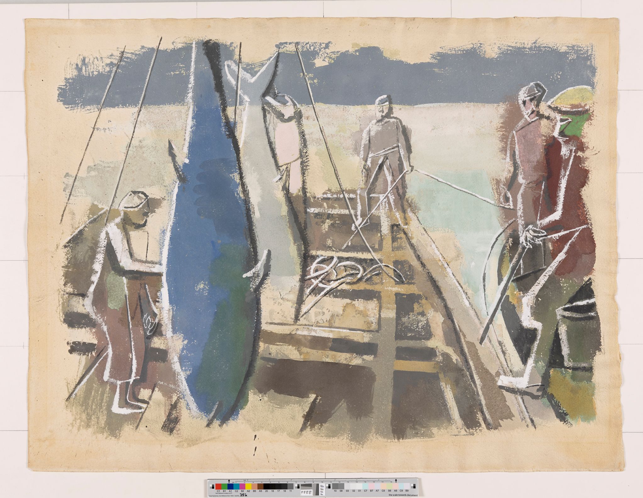 Fünf Seemänner auf einem Schiff. Im Vordergrund hängt ein großer blauer Fisch.