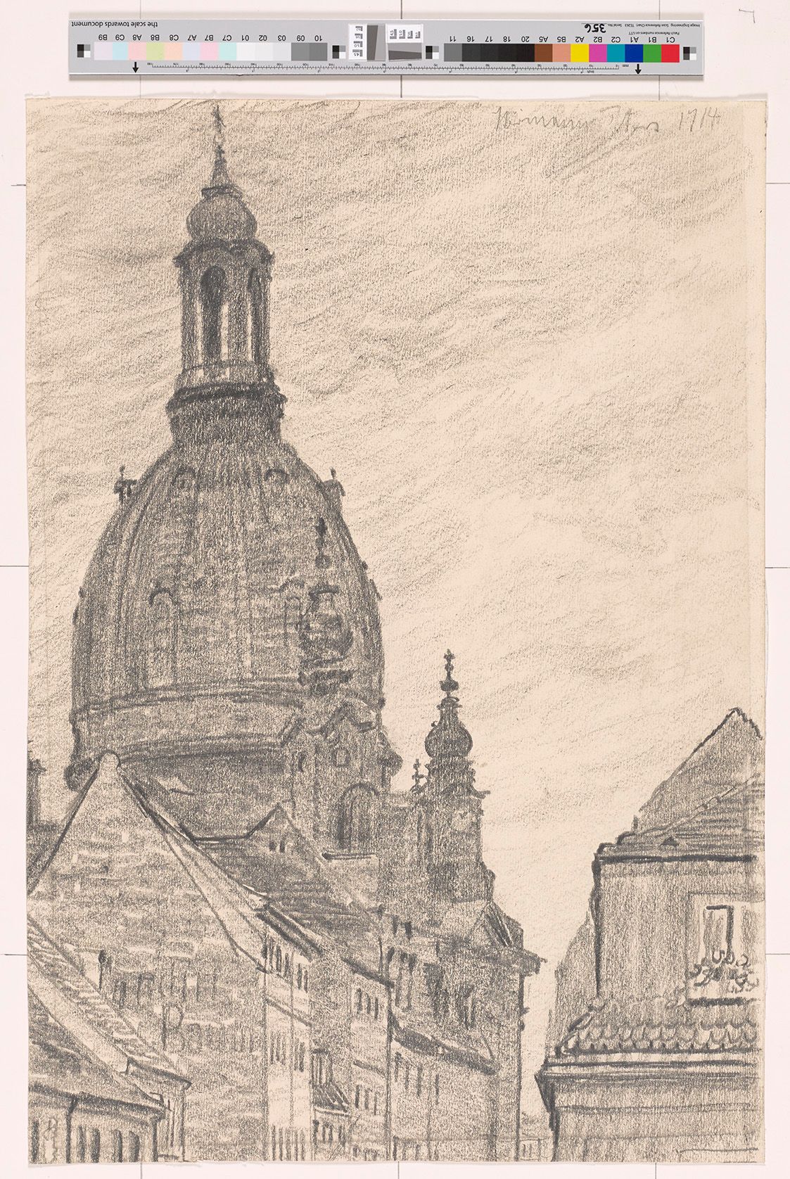 Bleistiftzeichnung der Frauenkirche in Dresden. Abgebildet ist hauptsächlich das Dach und die Turmspitze des Kirchturmes. 