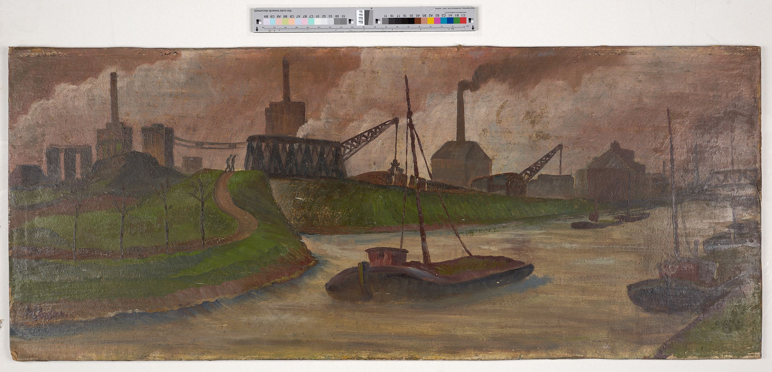 Auf dem Bildträger sind verschiedene Industriebauten an einem Kanal zu erkennen.