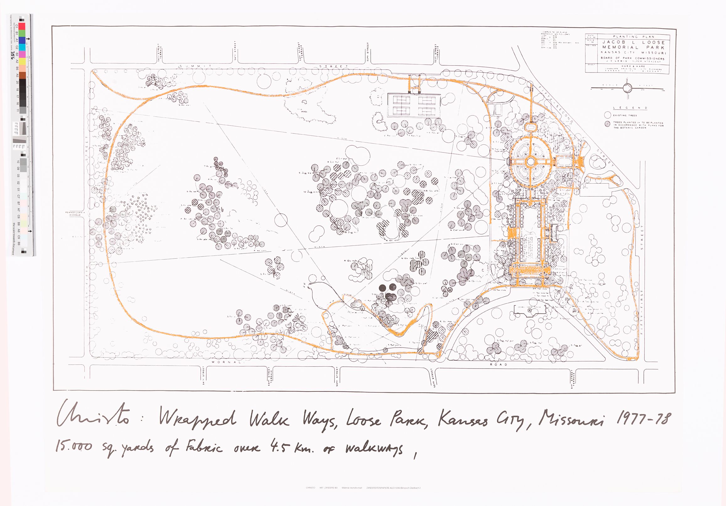 Planungsskizze Christos zum Projekt "Wrapped Walkways" im Loose Park, Kansas City Missouri 1977-78
