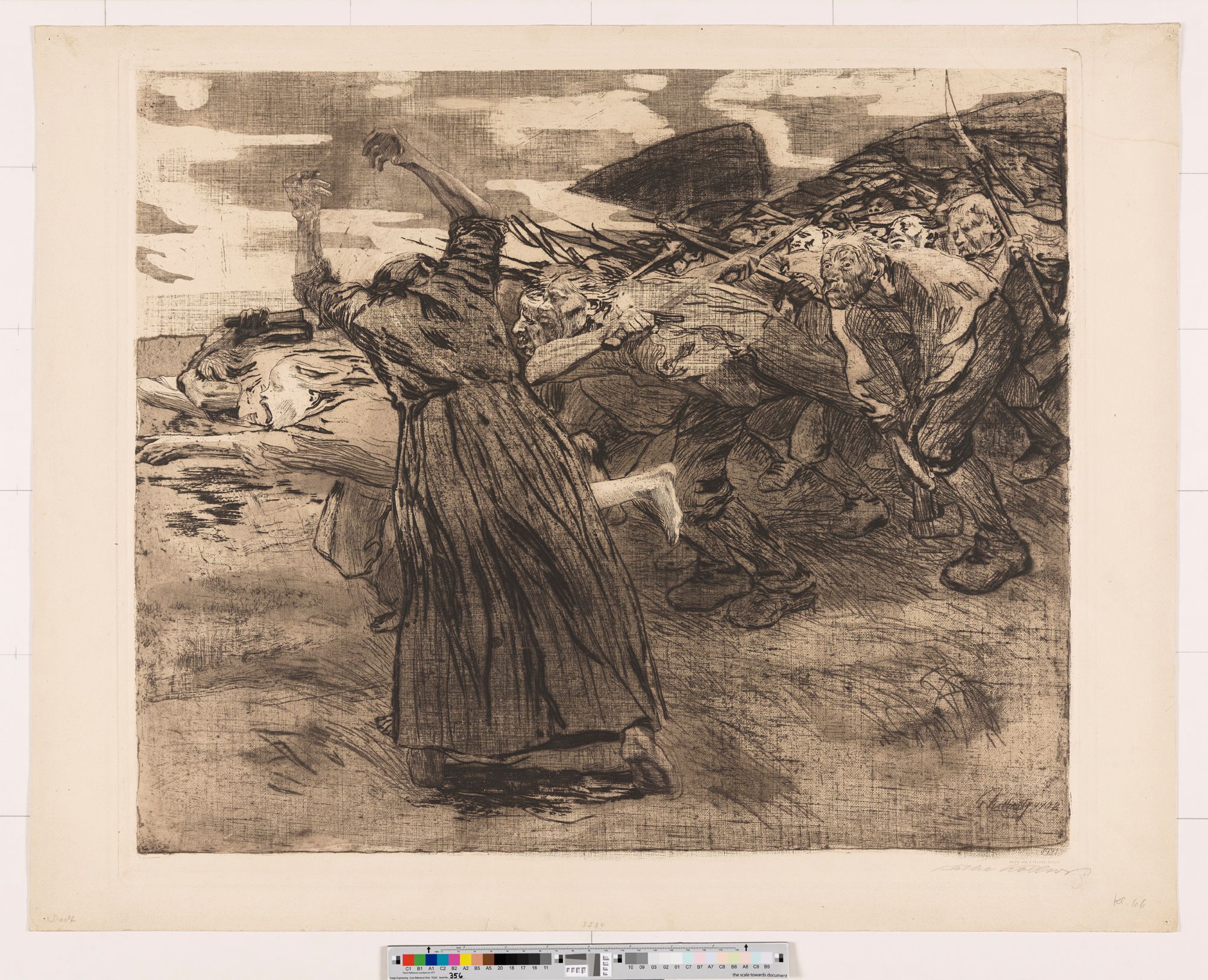 eine mit Mistgabeln und Sicheln bewaffnete Menge aus Männern und Frauen stürmt nach links. eine barfüßige Frau in einem Kleid hat in Rückenansicht und bewegter Pose die Hände über den Kopf erhoben.