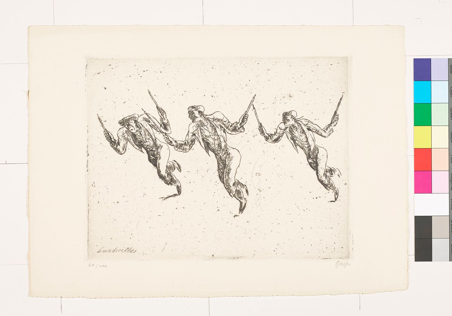 Körperstudien. Drei Ansichten von einem rennenden Mann mit zwei spitzen Gegenständen in den Händen.