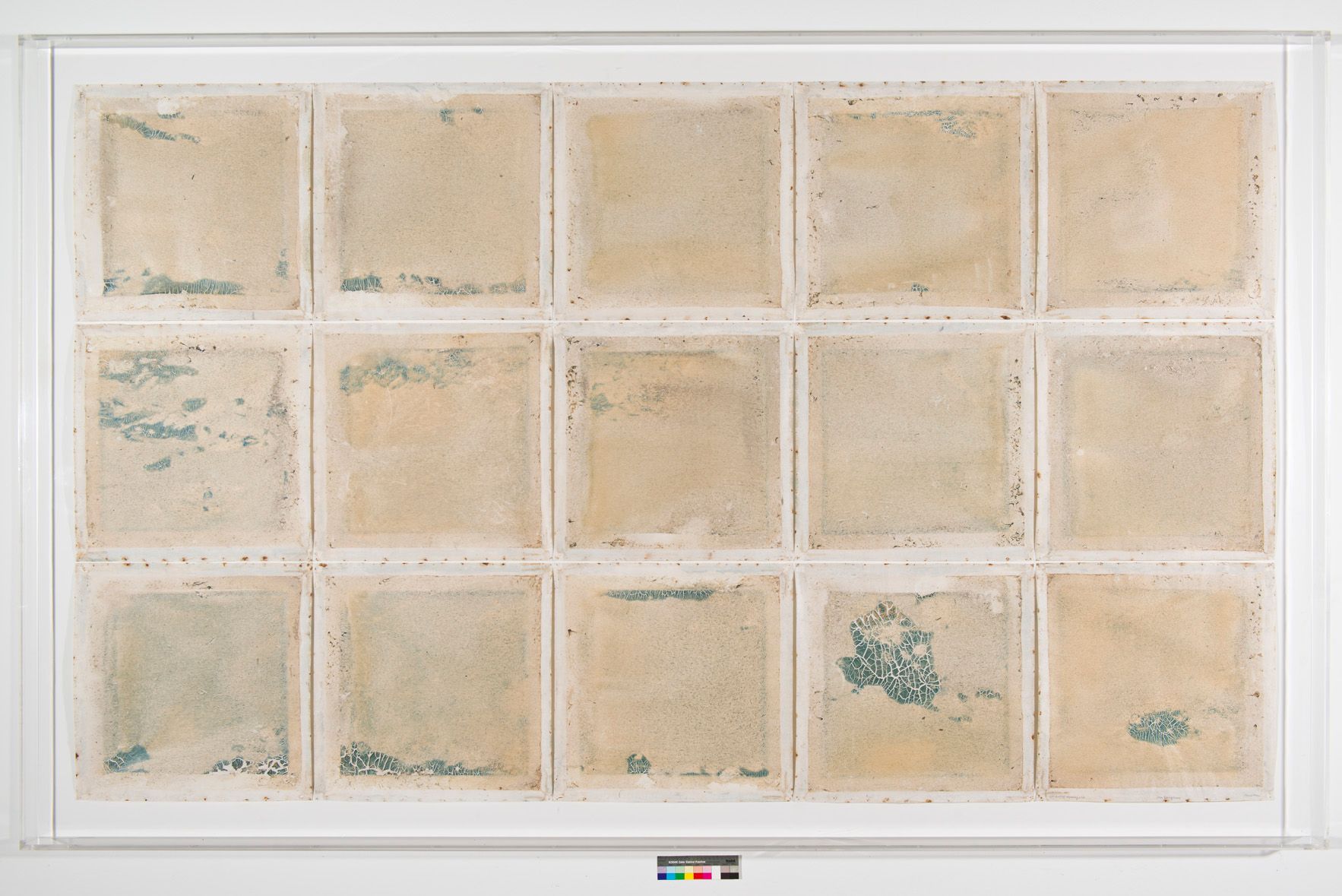 Unter einem Plexikasten sind 15 quadratische Blätter angeordnet, auf den sich natürliche Rückstände befinden.