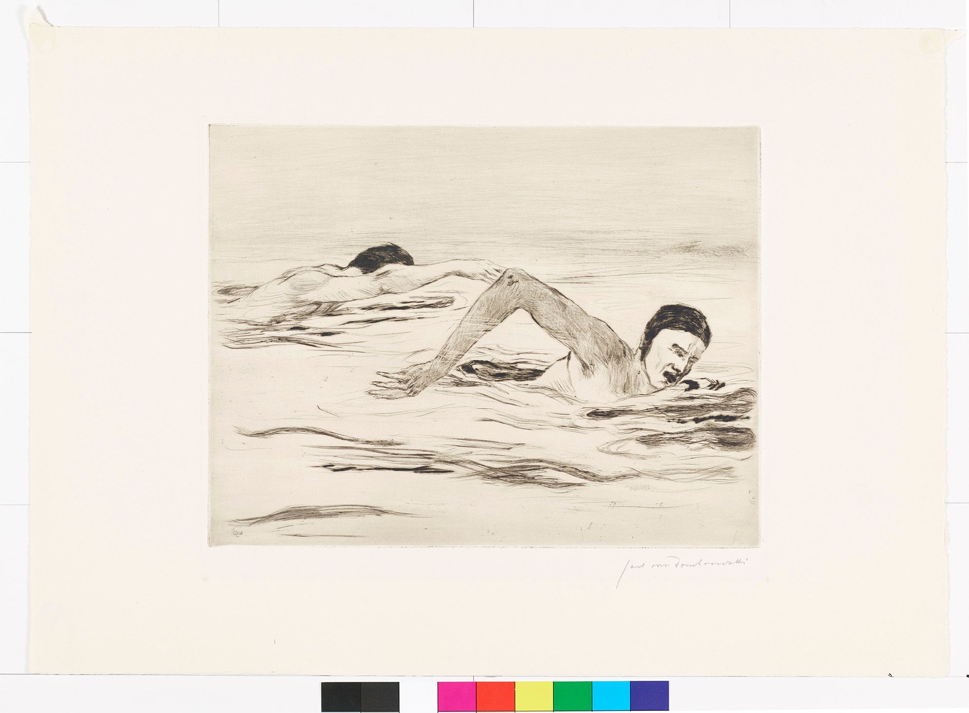 Zeichnung von zwei Männern beim Schwimmen.