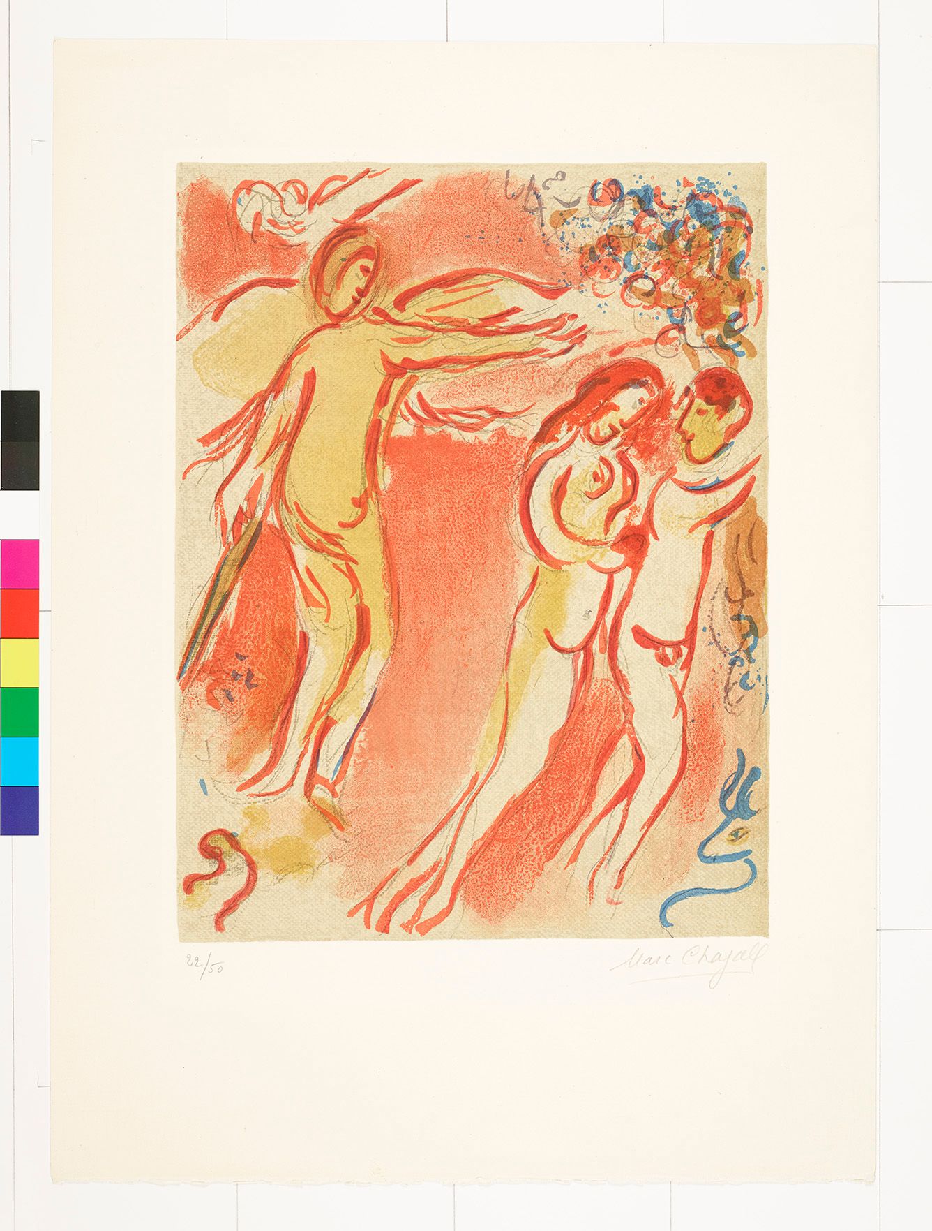 Abstraktes Bildmotiv auf orangenem Untergrund. Auf der linken Bildhälfte steht ein Engel und zeigt mit einem Arm nach rechts. Auf der rechten Bildhälfte sind eine nackte Frau und ein nackter Mann, die nach rechts laufen.