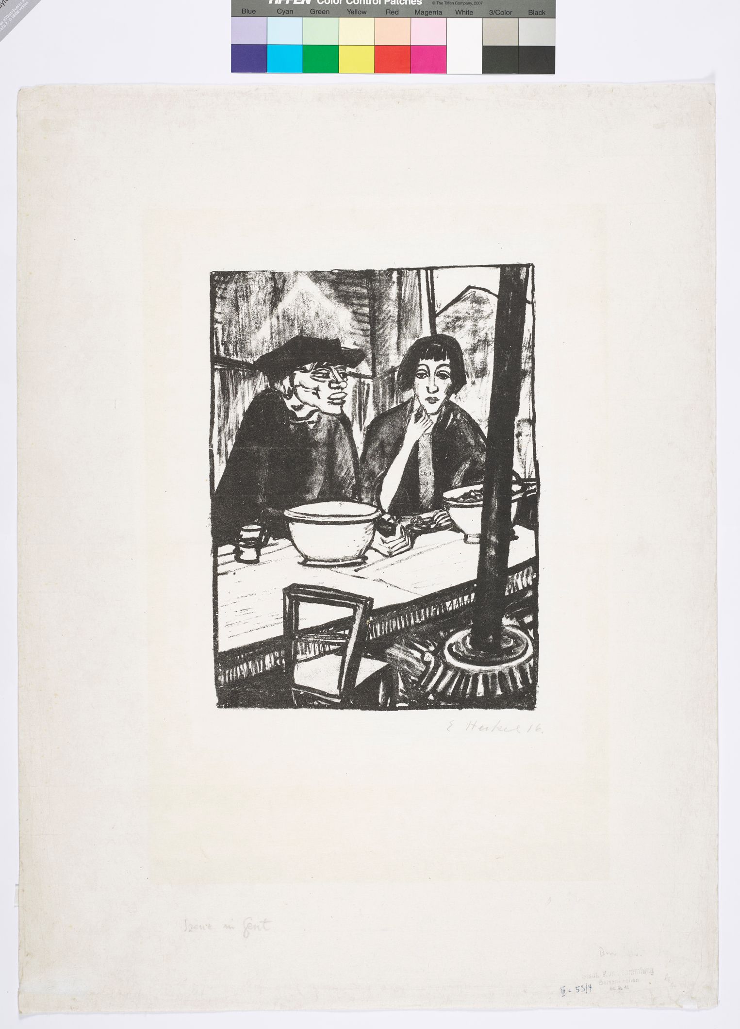 Abstrakte Darstellung. Mann und Frau sitzen in einem Restaurant am Tisch mit Schüsseln. Im Hintergrund ist ein Hügel (Schwarz-Weiß).