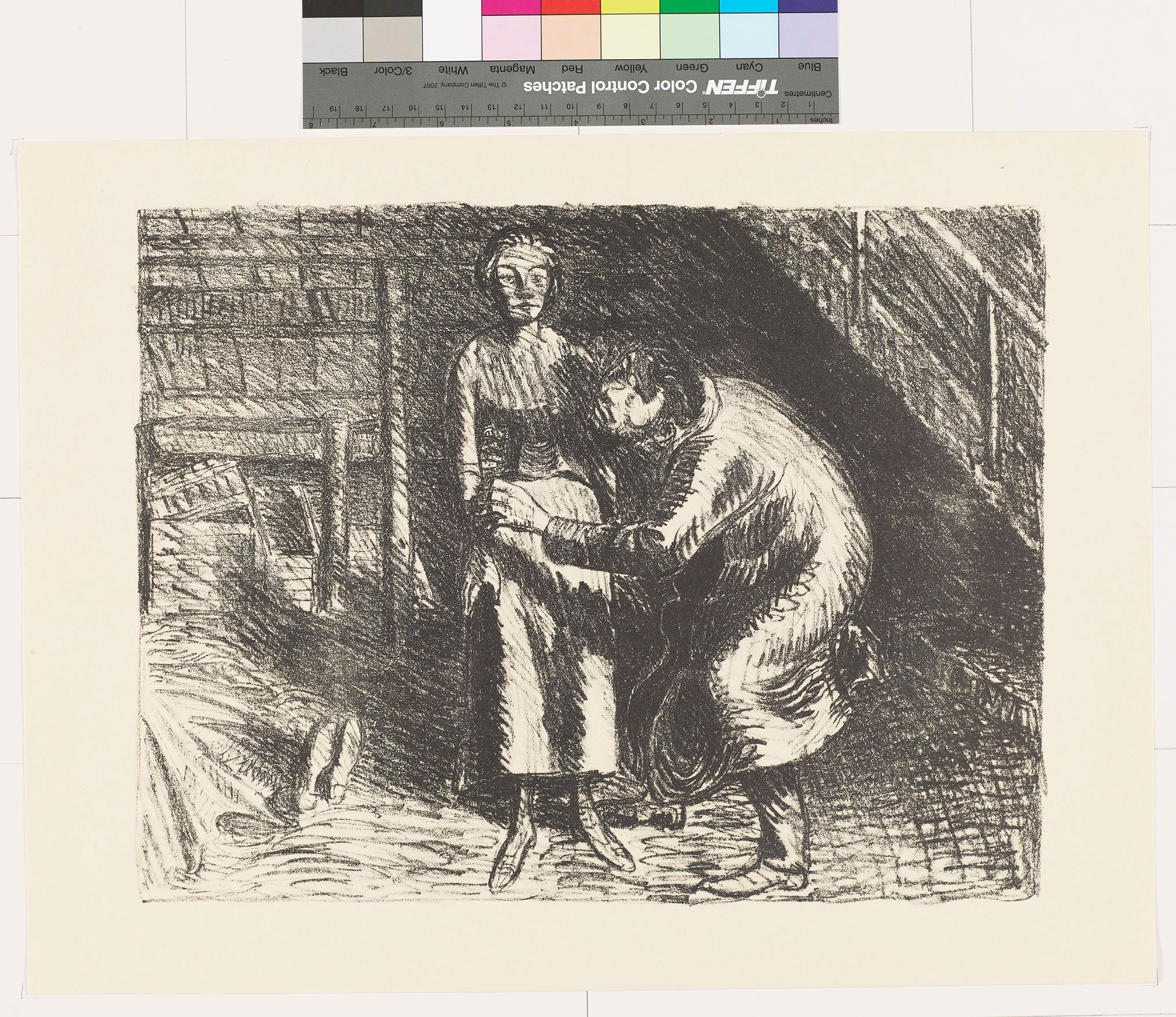 Skizze einer Scheune. Eine stehende Frau und ein gebeugter Mann, der sie anschaut. Am linken Bildrand sind liegende Beine ausgestreckt.