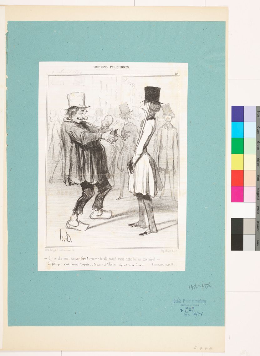 Zeichnung. Ein dicker alter Mann in alter Kleidung und ein dünner alter Mann in feiner Kleidung. 