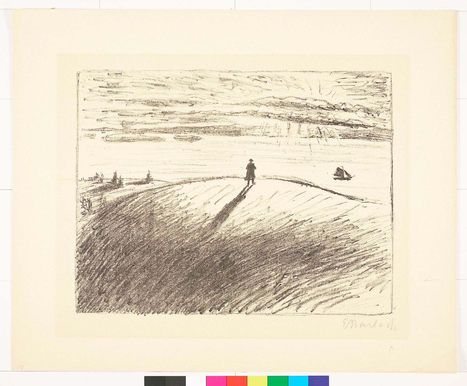 Zeichnung. Ein Mann steht auf einem Hügel und schaut auf eine Meereslandschaft. 