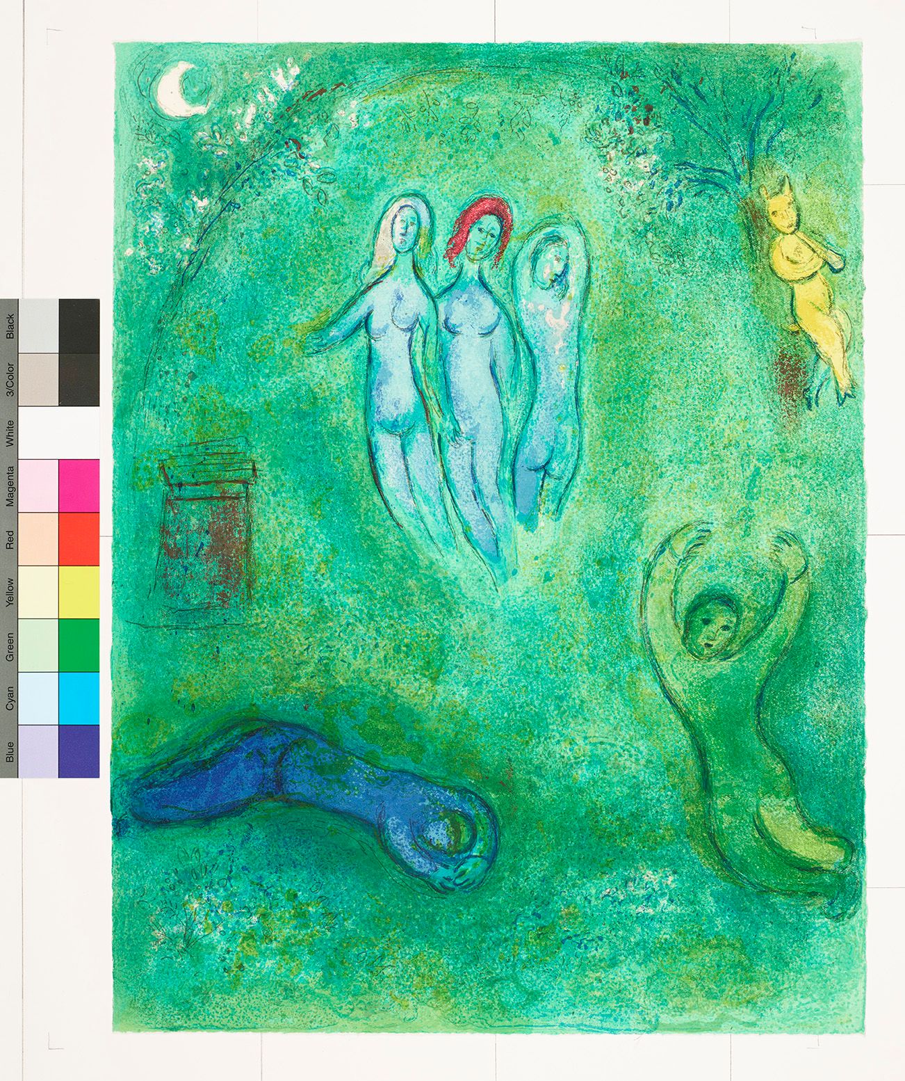 Abstraktes Bildmotiv von drei nackten Frauenfiguren auf grünem Untergrund. Unter ihnen ist links eine liegende Person und rechts eine stürzende. Sie sind eingerahmt durch Äste. Am rechten Baum ist ein gelbes Tier angelehnt.