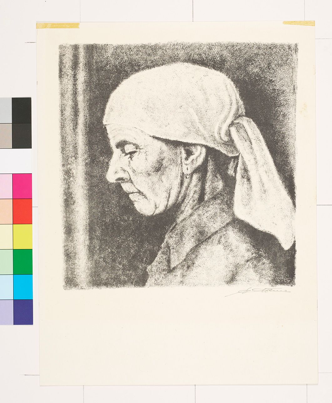 Zeichnung. Seitenprofil einer Frau mit einem Kopftuch. Sie schaut nach unten.