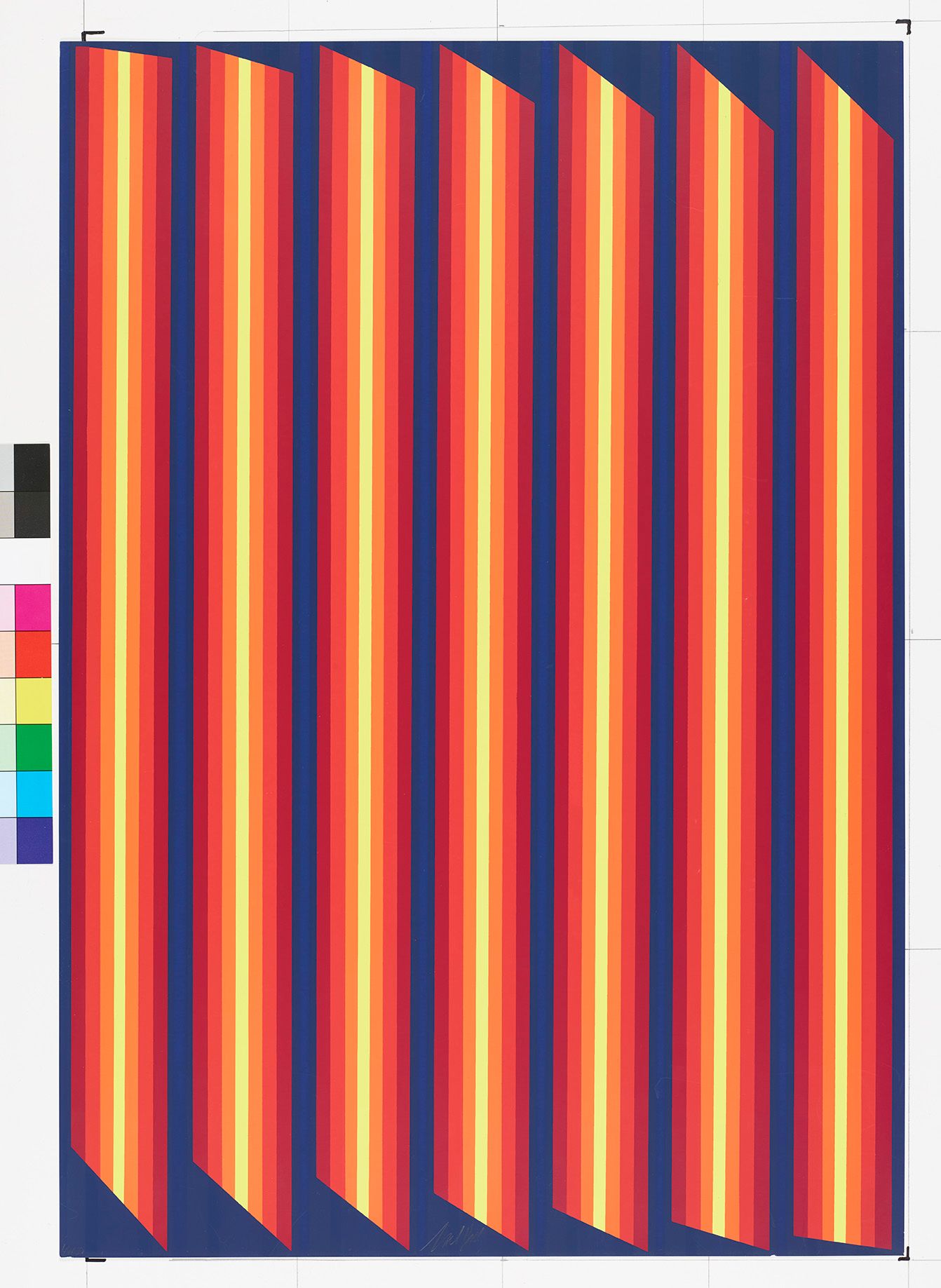 Optic-Art. Vertikale Balken mit unterschiedlich schrägen Enden. Die Balken sind in schmalere Balken mit Farbstufungen geteilt (Farben: rot, orange, gelb, dunkelblau).