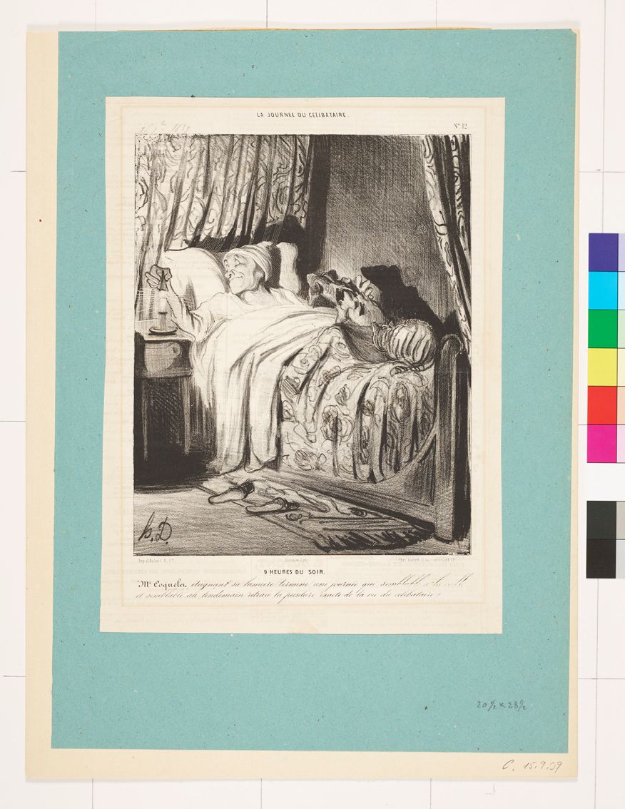 Zeichnung. Im Bett liegender Mann, der die Kerze ausmacht. Mit Hund und Katze.