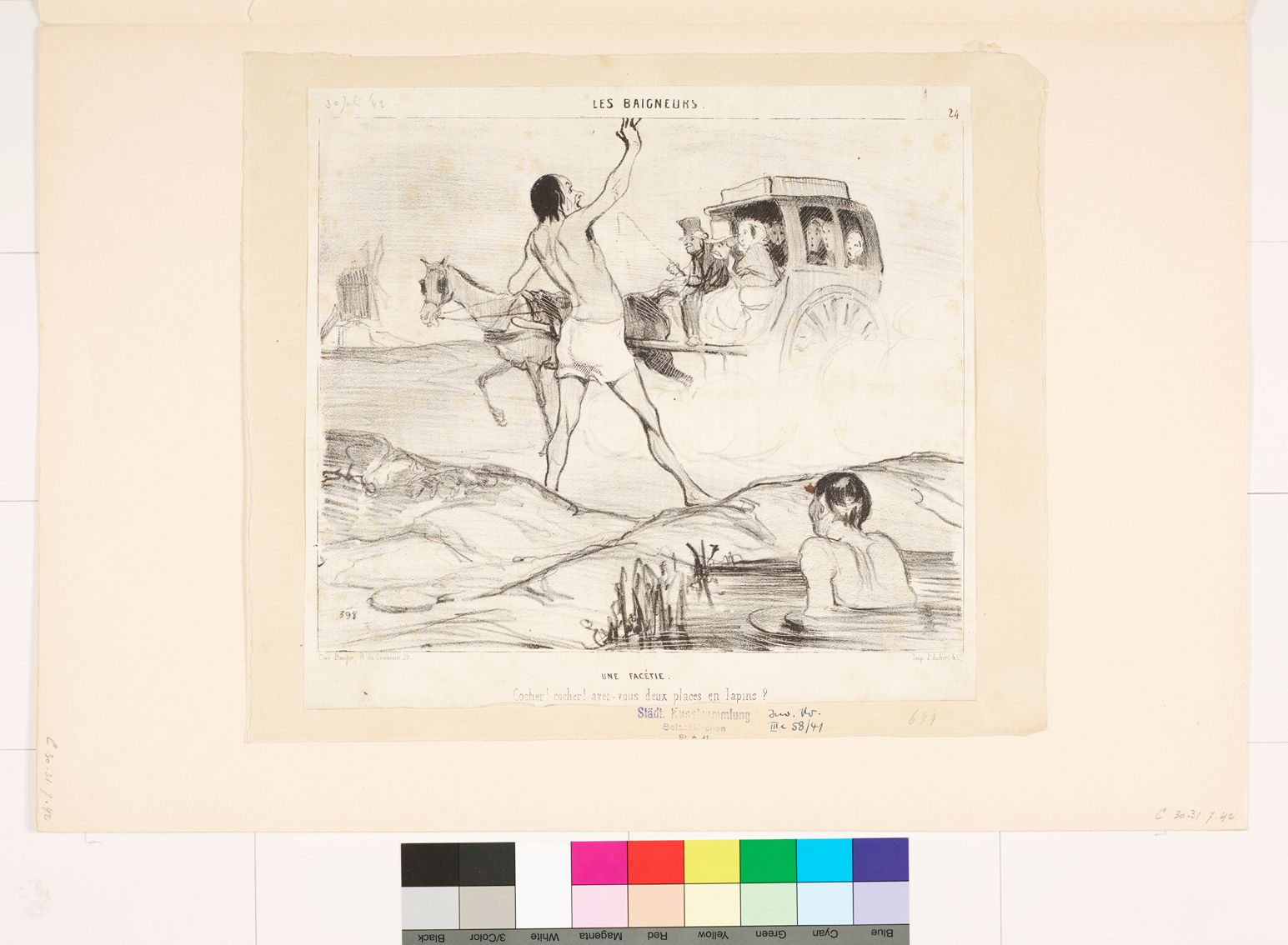 Zeichnung. Ein Mann im Fluss und ein winkender Mann in Unterwäsche. Im Hintergrund fährt eine Kutsche mit Passagieren.