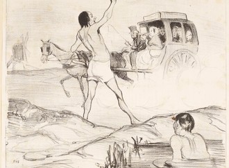 Zeichnung. Ein Mann im Fluss und ein winkender Mann in Unterwäsche. Im Hintergrund fährt eine Kutsche mit Passagieren.