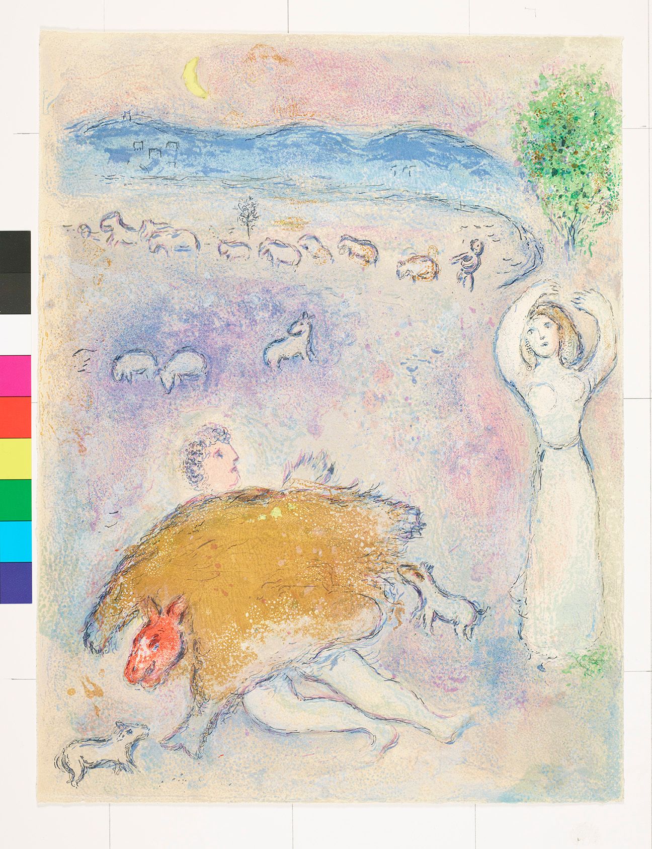 Abstraktes Bildmotiv. Im Vordergrund liegt ein Mann auf einem Tier und ist bedeckt mit einem Pelz. Neben ihm steht eine Frau. Im Hintergrund ist eine Schaafs Herde und ein Hirte.