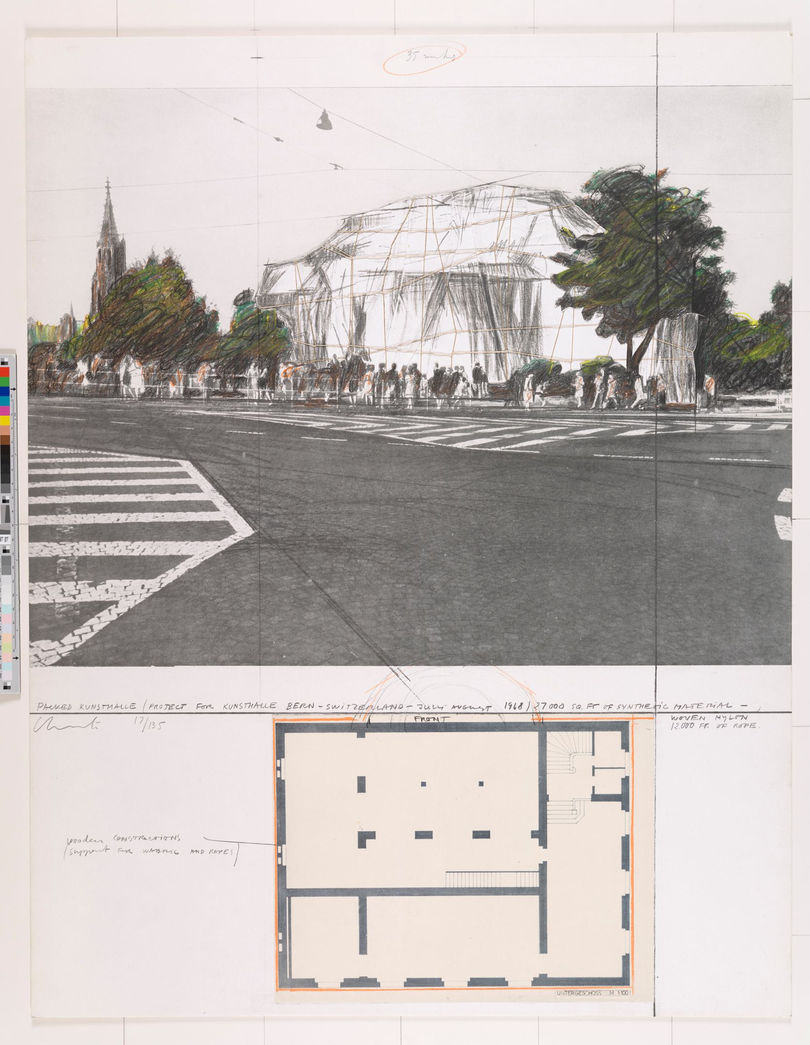 Skizze der Kunsthalle in Bern, das in Nylon eingehüllt ist. Darunter ist eine Querschnitt Skizze von dem Gebäude.