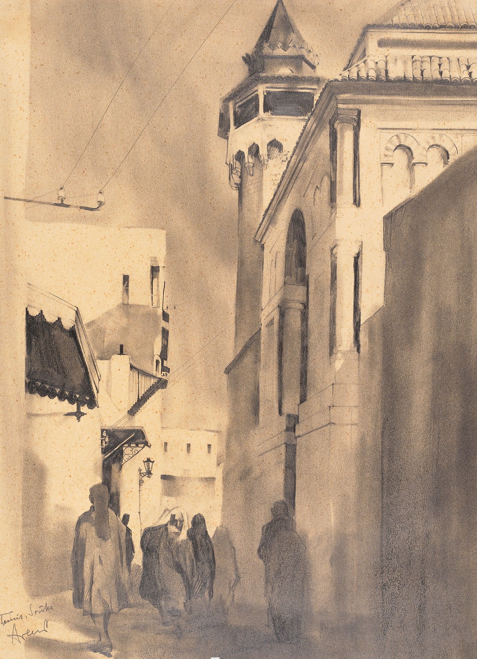 Zeichnung einer Gasse mit Passanten und Schrägansicht eines Gebäudes mit einem Turm.