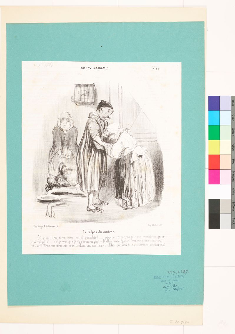 Zeichnung. Eine trauernde Frau in den Armen eines Mannes. Im Hintergrund ist eine weitere Frau.