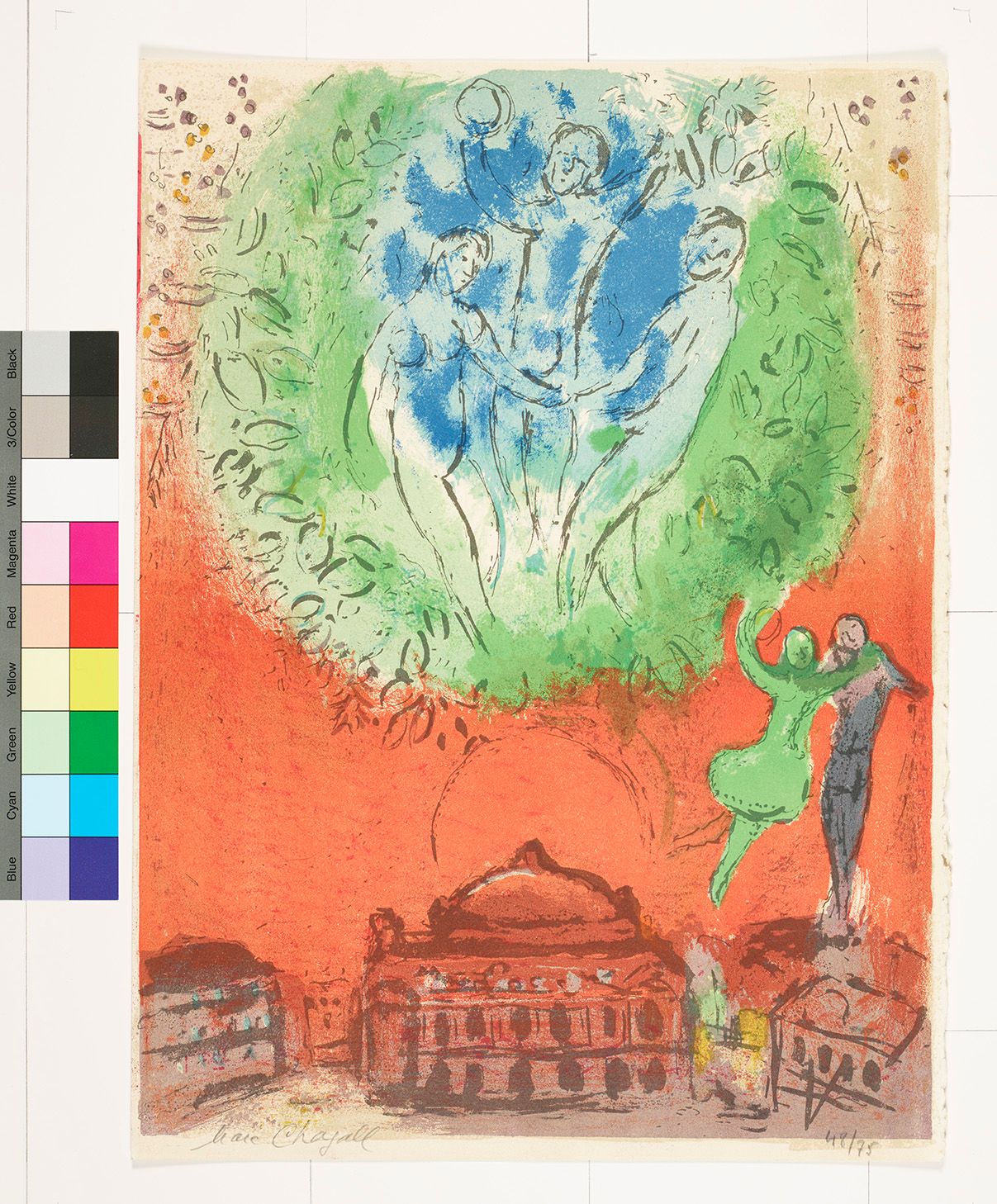 Abstraktes Bildmotiv. Drei tanzende Figuren schwebend über einem Gebäude. Daneben ein tanzendes Paar.