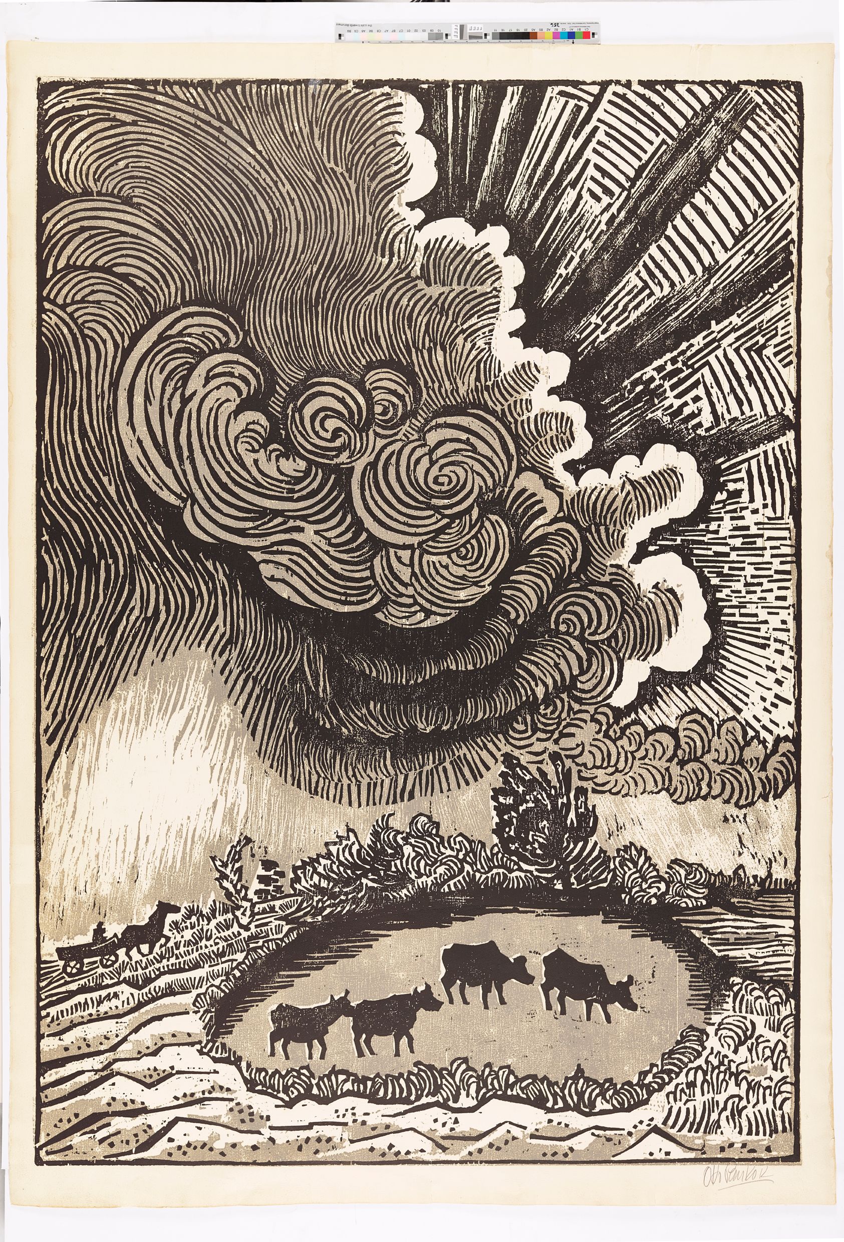 Unter einem dramatischen Himmel, mit Wolken geschwungen wie Rocaillen, weiden vier Rinder in einem runden Gehege. Links im Hintergrund kommt ein Kutschenfuhrwerk heran.