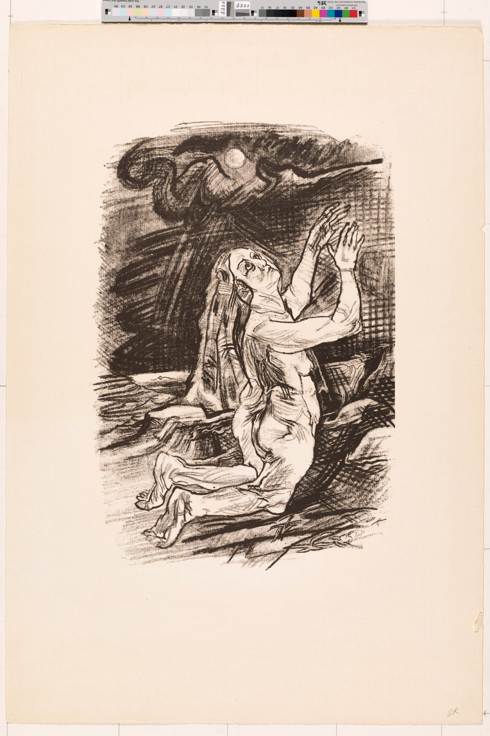 Zeichnung. Frau auf den Knien schaut in den Abendhimmel (Schwarz-Weiß). 