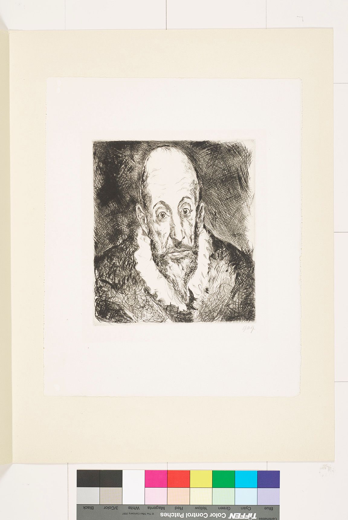 Radierung. Portrait von einem alten Mann mit einer Glatze und einem Bart.