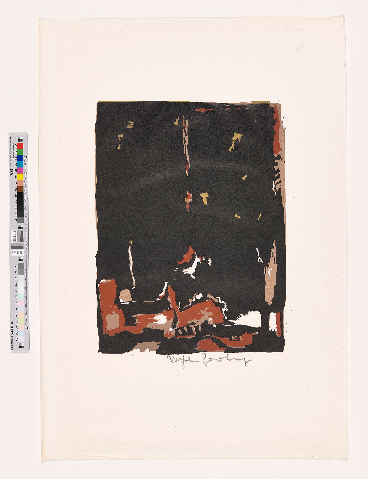 Braune, kakhifarbene und gelbe Farbfelder sind von Schwarz umrahmt, das auch einen Großteil der Bildfläche überdeckt.