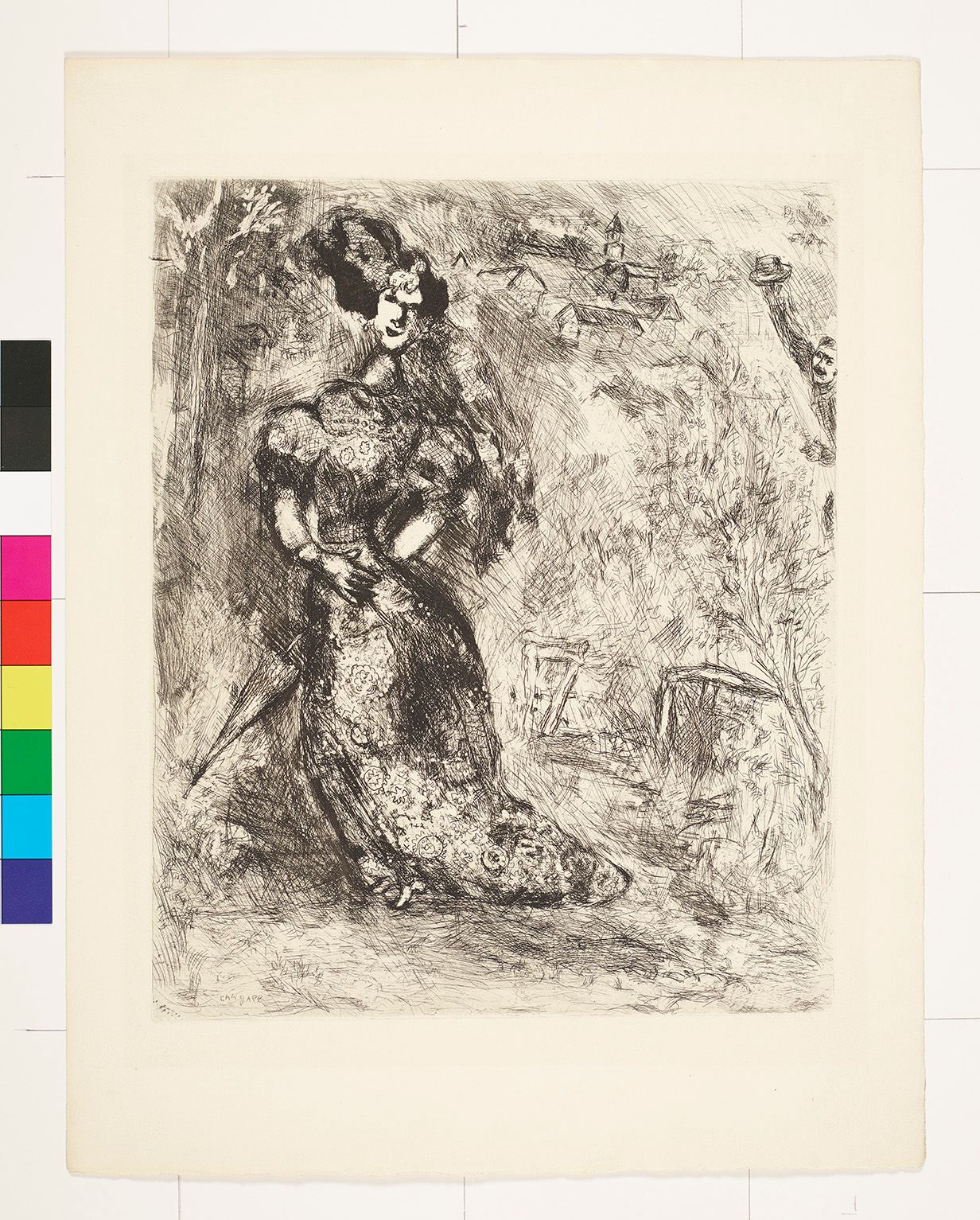 Abstraktes Bildmotiv einer posenden Frau mit prächtigem Kleid, Federn auf dem Kopf und einem Schirm in der Hand. 