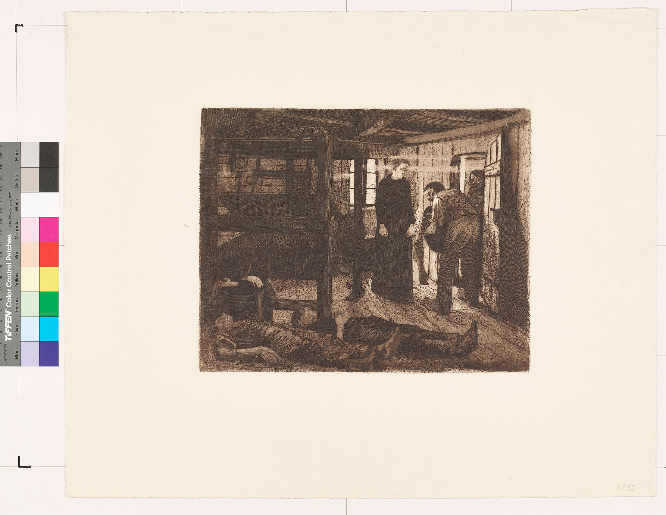 Zentral im Bild steht eine Frau in einem bodenlangen schwarzen Kleid, die mit traurigem Blick verfolgt, wie zwei Männer den Körper eines weitern, dessen Arm schlaff herunter hängt, in einen Raum mit einem Webstuhl tragen. Vorne links im Bild liegen zwei hingestreckte Männer, dem einen sind die Hände über der Brust gefaltet. Vor dem Webstuhl kauert die Gestalt einer weiteren Frau, der Kopf hinter den verschränkten, auf einen Holzblock gestützten Armen verborgen.