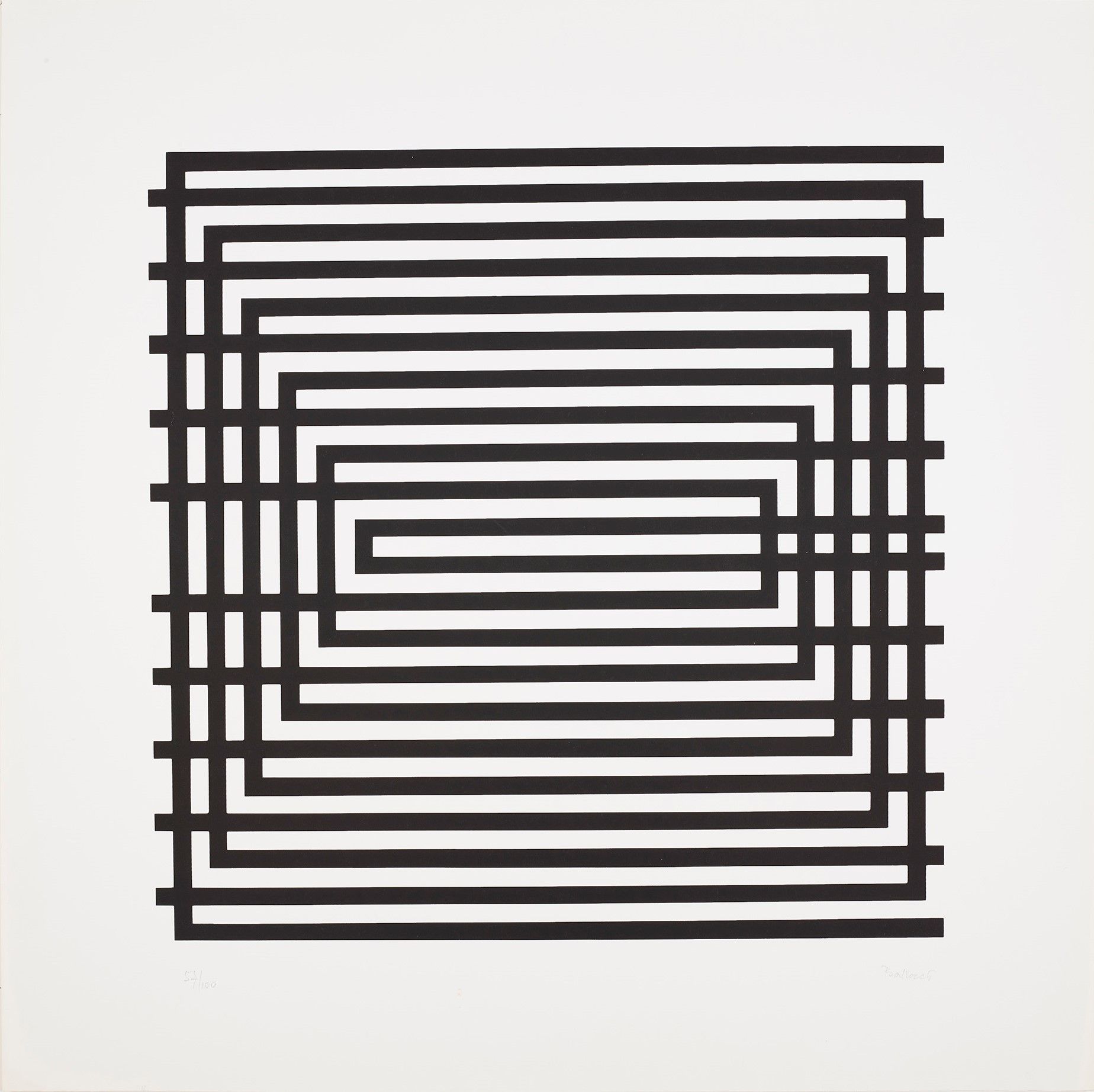 Optic Art. Illusion eines Quadrats, zusammengesetzt aus Rechtecken mit einer Öffnung zur linken oder rechten Seite. Zur Mitte werden die Rechtecke schmaler und kürzer. 