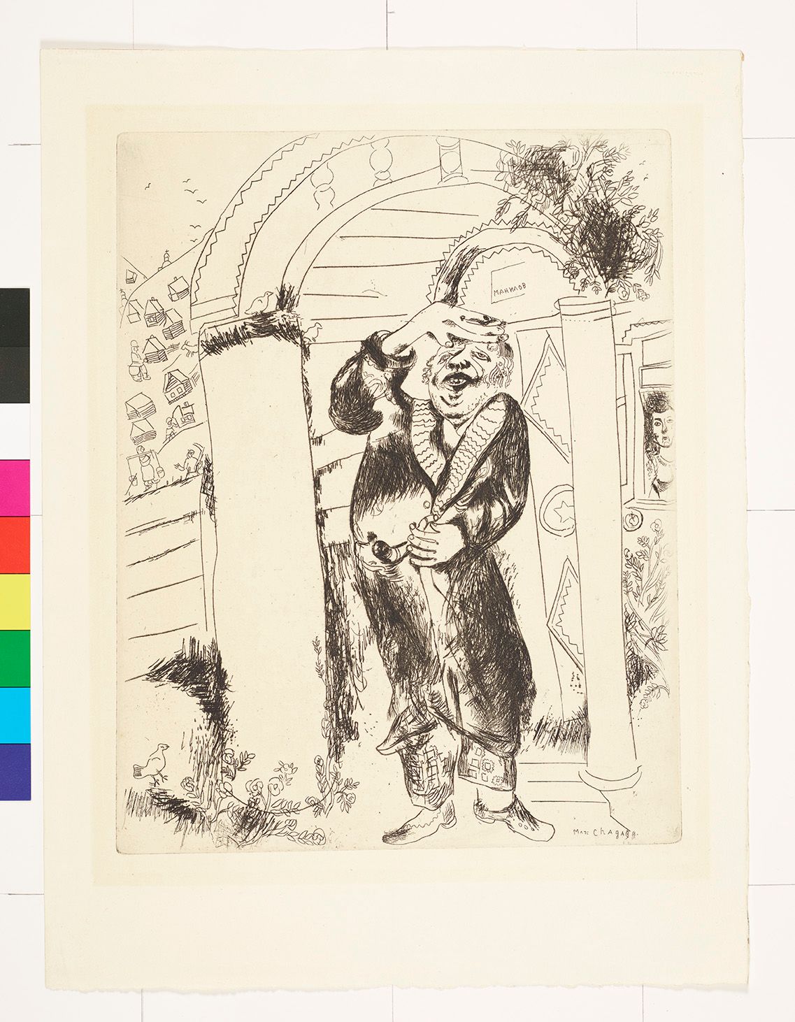 Skizze von einem Mann in Morgenmantel mit einer Tabakpfeife. Er steht vor seiner Haustür und im Hintergrund ist eine Frau am Fenster. 