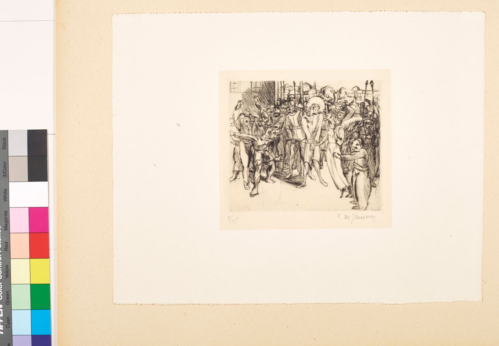 Zeichnung. Gefesselter Prophet mit Heiligenschein läuft mit Soldaten. Neben ihm ist ein Engel und eine Menschenmenge.