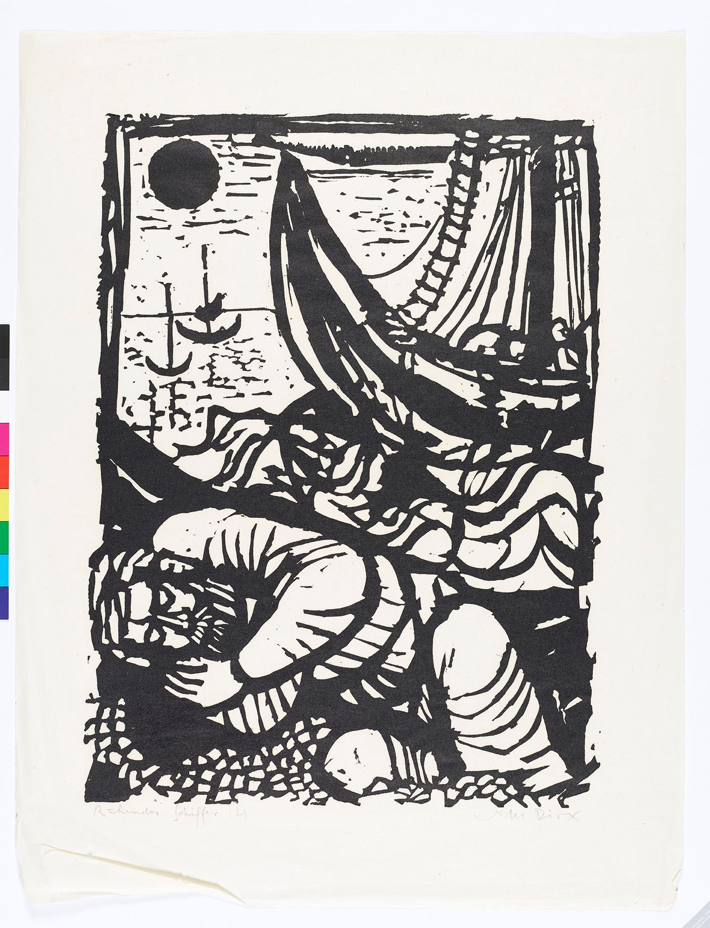 Abstrakte Darstellung eines schlafenden Mannes. Im Hintergrund ist ein großes Schiff und eine Meereslandschaft.