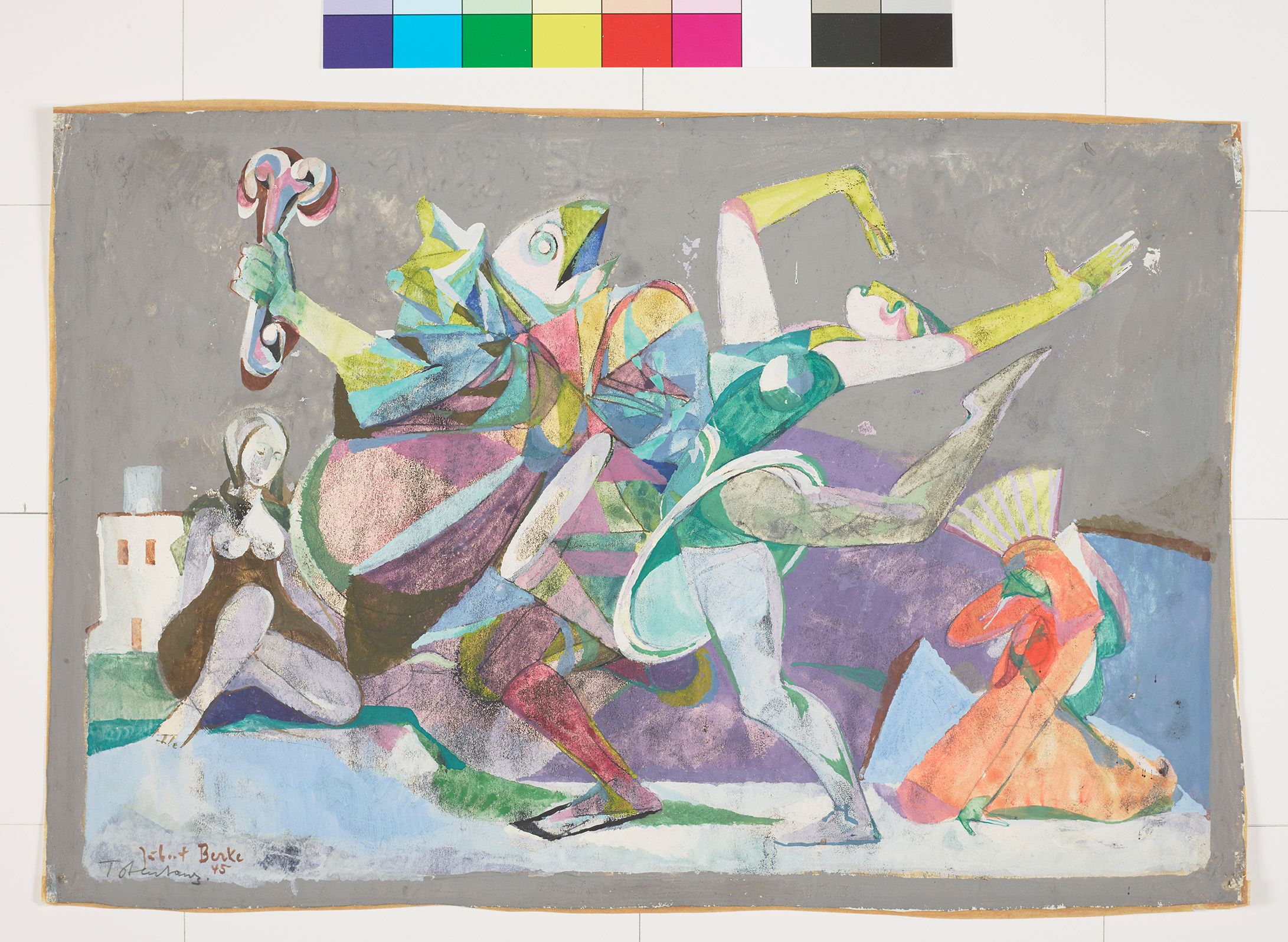 Geometrische Abstraktion mit bunten Farbfiguren. In der Mitte sind ein trommelnder Fisch und eine tanzende Frau. Links und rechts sitzen zwei weitere Frauen auf dem Boden.