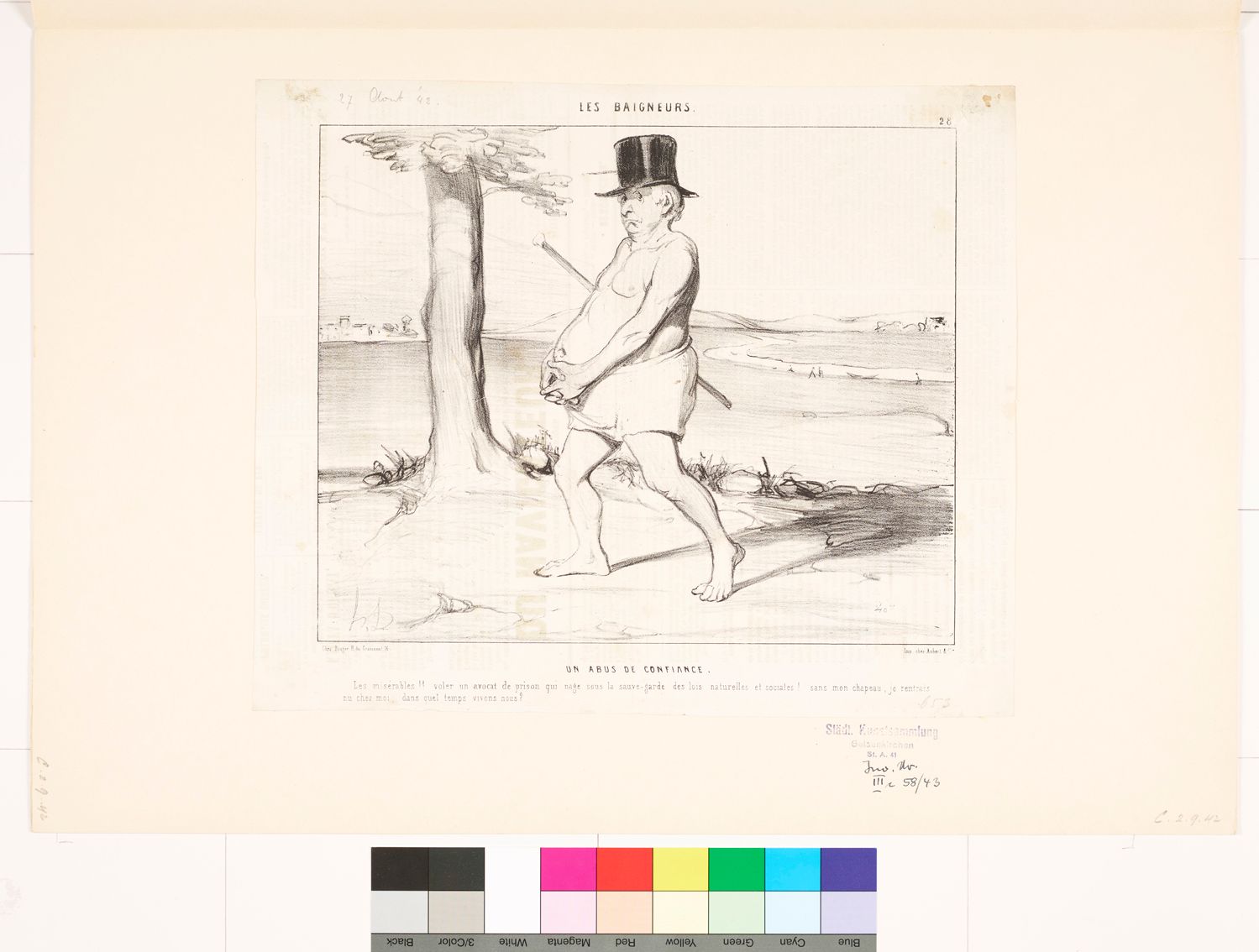 Zeichnung. Spazierender Mann mit Unterhose und Zylinder.