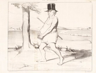 Zeichnung. Spazierender Mann mit Unterhose und Zylinder.