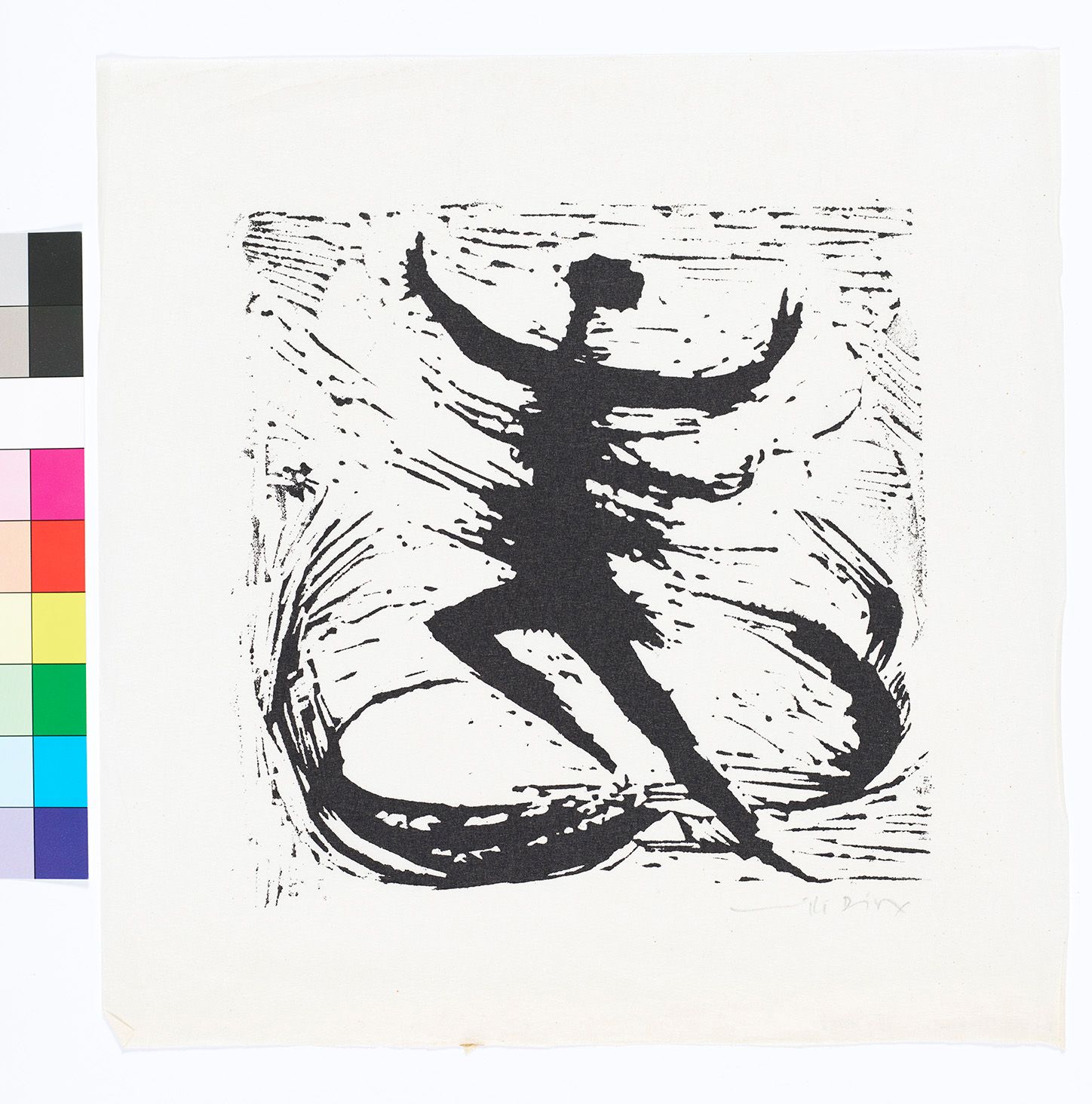 Abstraktes Bildmotiv einer tanzenden Figur mit den Armen in der Luft und einem angewinkelten Bein. Schwarz-weiß.