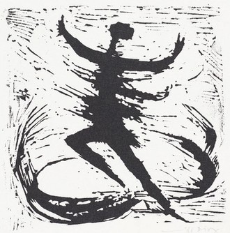 Abstraktes Bildmotiv einer tanzenden Figur mit den Armen in der Luft und einem angewinkelten Bein. Schwarz-weiß.