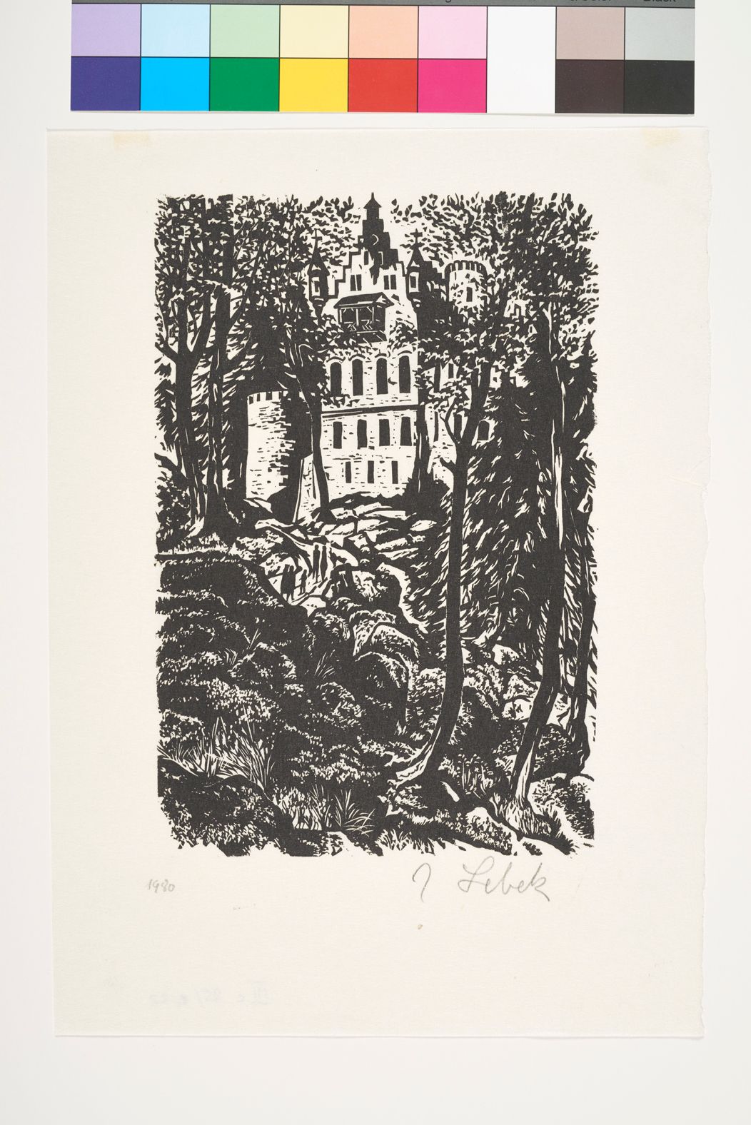 Blick durch eine Wald auf Schloss Hohenschwangau auf das sich mehrere Menschen auf einem Pfad zubewegen.