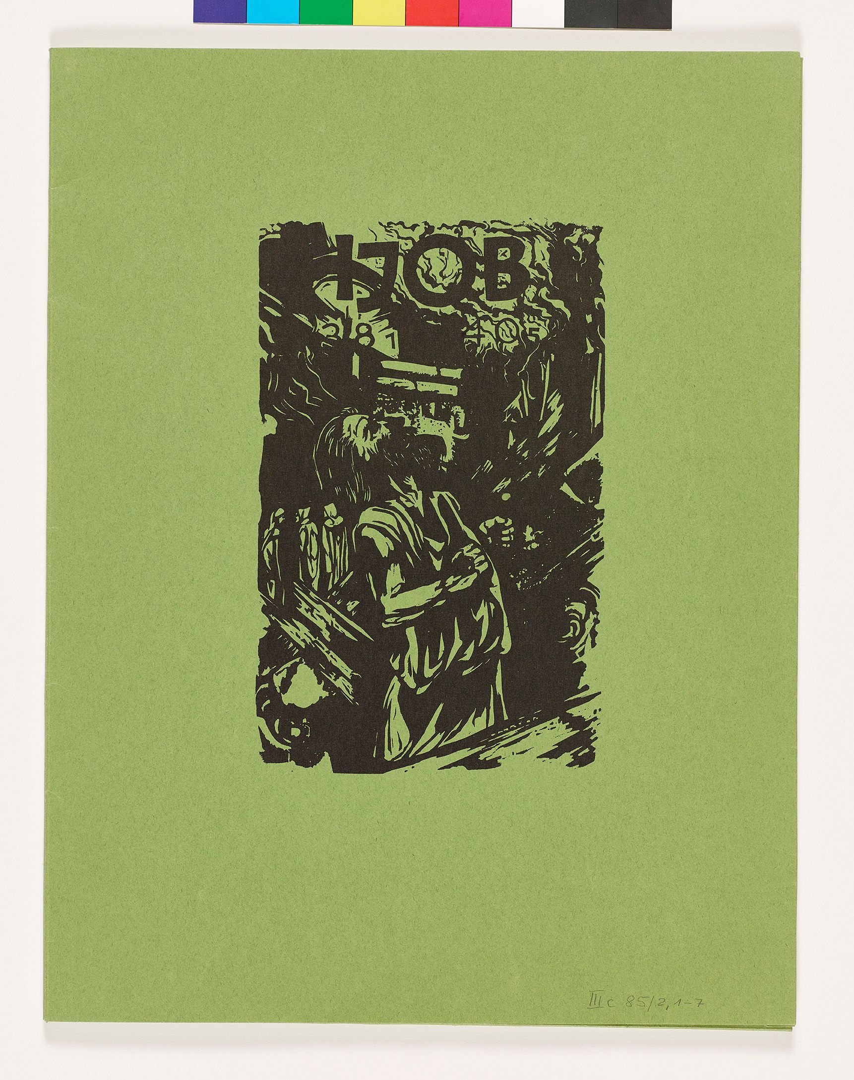 Ein bärtiger Mann blickt nach oben auf den Schriftzug "Ijob 38.1  40.5"