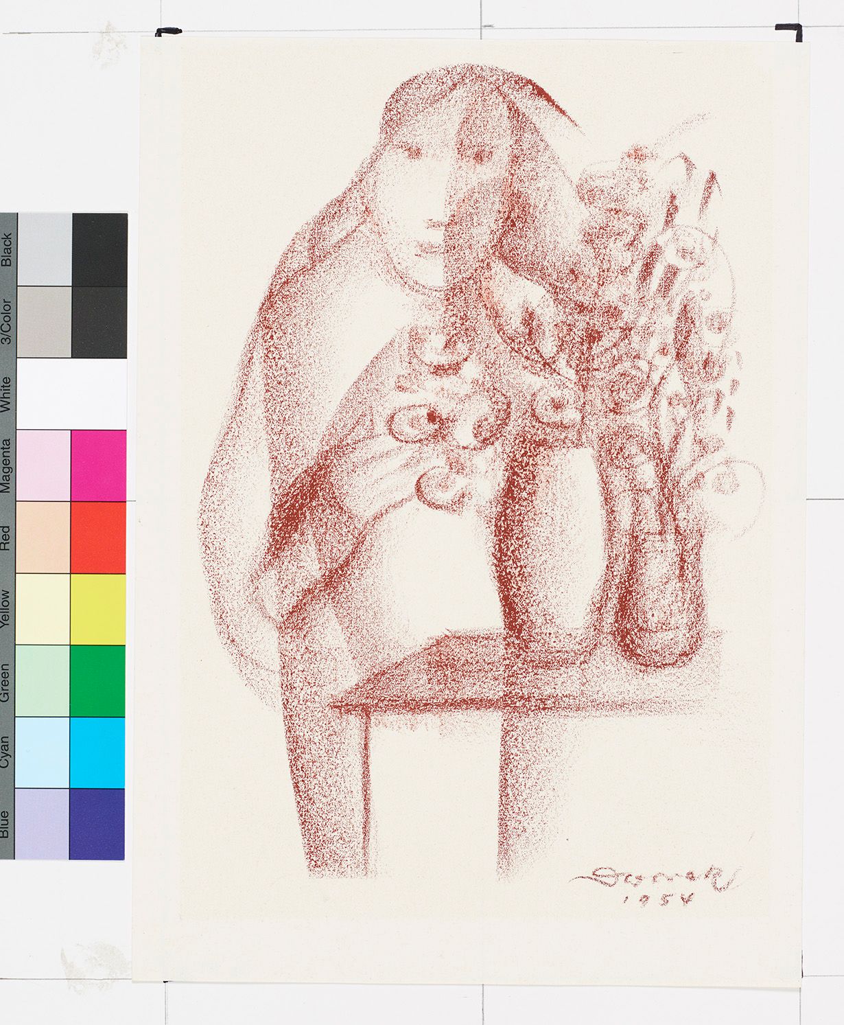 Abstrakte Zeichnung. Frau an einem Tresen mit Blumen in Vasen. 